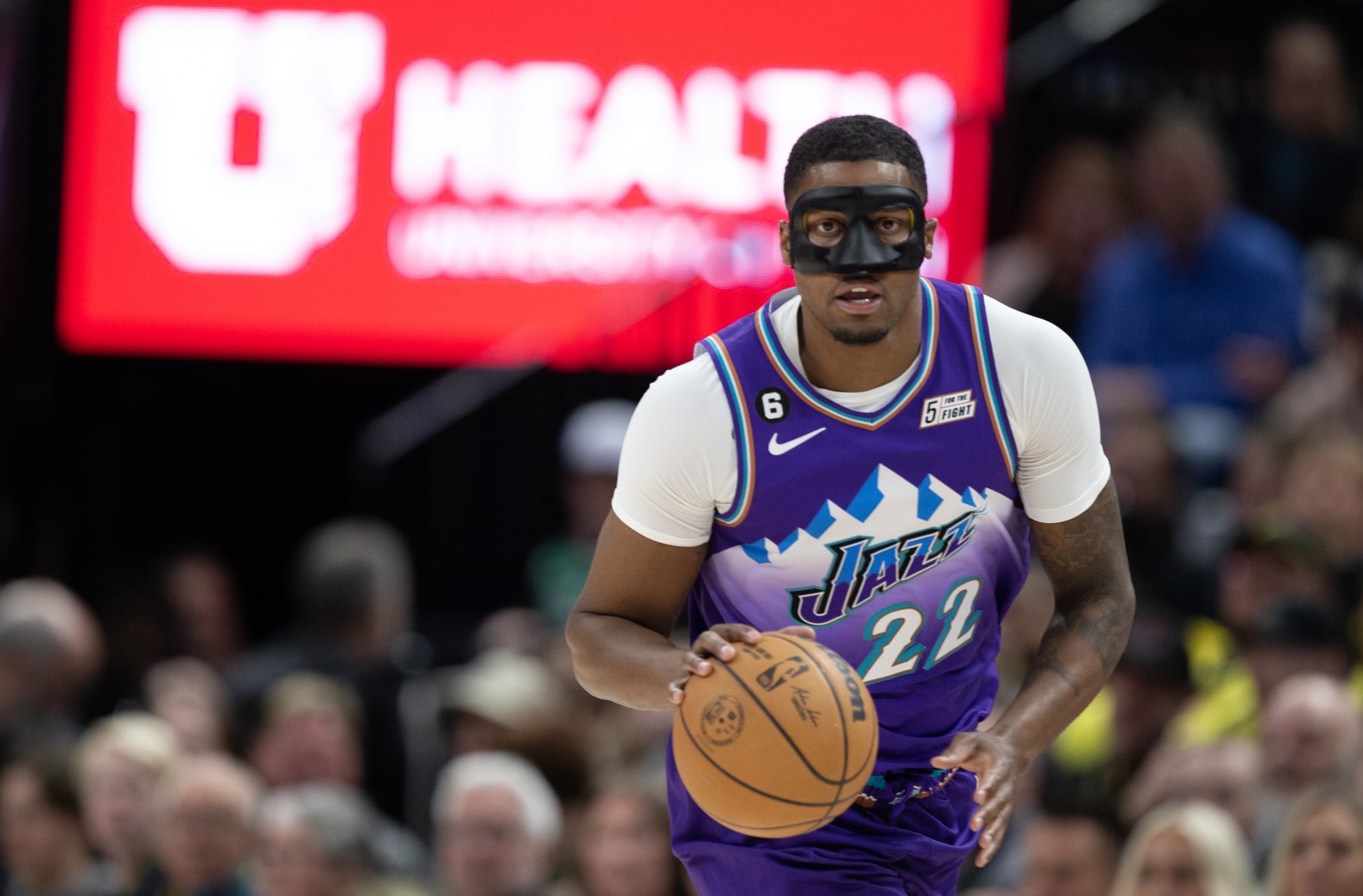 SALT LAKE CITY, UTAH - MARCH 18: Rudy Gay #22 of the Utah Jazz brings the ball up the court against the Boston Celtics during the first half of their game March 18, 2023 at the Vivint Arena in Salt Lake City Utah. NOTE TO USER: User expressly acknowledges and agrees that, by downloading and using this photograph, User is consenting to the terms and conditions of the Getty Images License Agreement (Photo by Chris Gardner/ Getty Images)