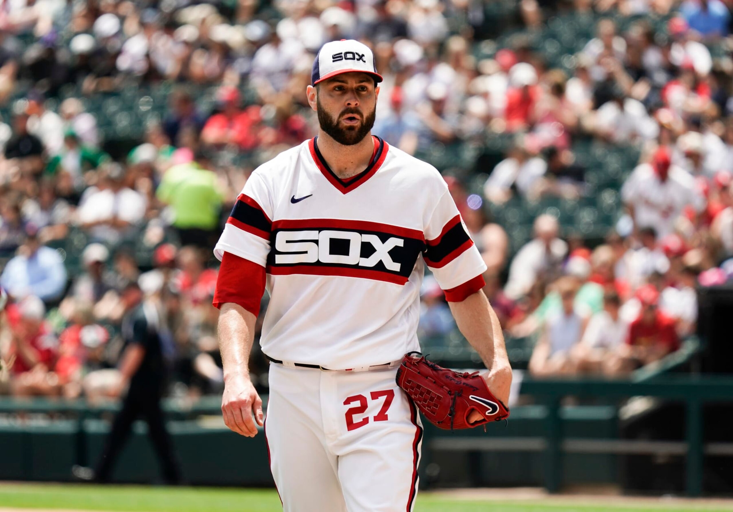 CHICAGO, ILLINOIS - JULY 09: Lucas Giolito #27 of the Chicago White Sox reacts after the first inning against the St. Louis Cardinals at Guaranteed Rate Field on July 09, 2023 in Chicago, Illinois. (Photo by Nuccio DiNuzzo/Getty Images)
