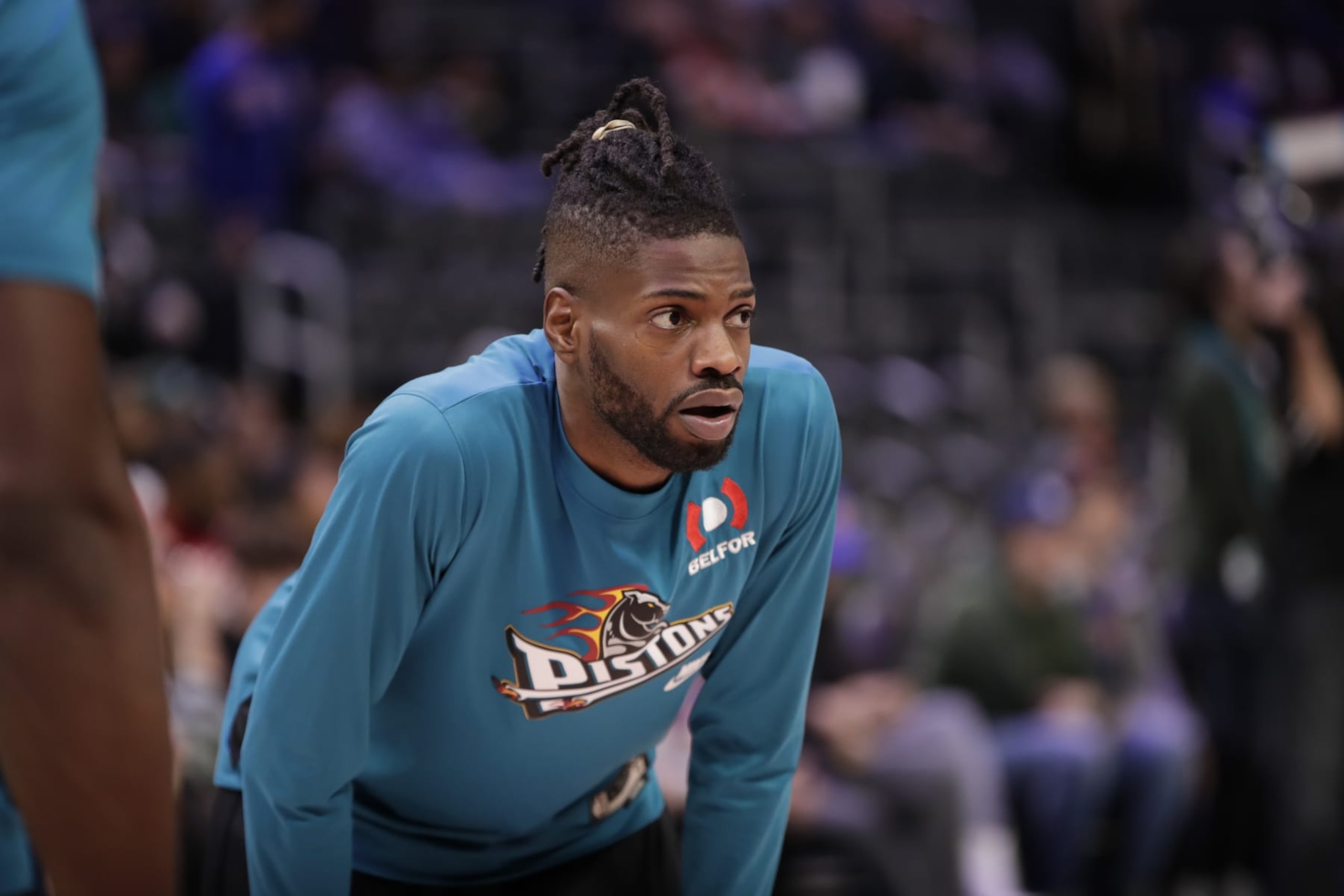 DETROIT, MI - DECEMBER 20: Nerlens Noel #3 of the Detroit Pistons warms up before the game against the Utah Jazz on December 20, 2022 at Little Caesars Arena in Detroit, Michigan. NOTE TO USER: User expressly acknowledges and agrees that, by downloading and/or using this photograph, User is consenting to the terms and conditions of the Getty Images License Agreement. Mandatory Copyright Notice: Copyright 2022 NBAE (Photo by Brian Sevald/NBAE via Getty Images)