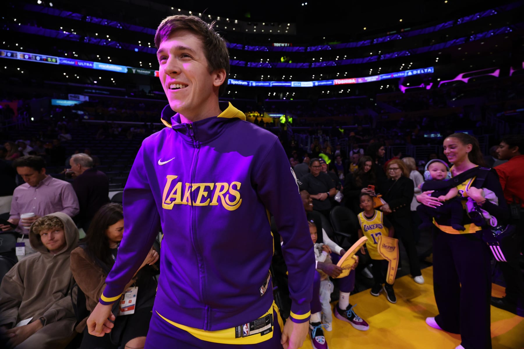 LOS ANGELES, CALIFORNIA - MAY 22: Austin Reaves #15 of the Los Angeles Lakers reacts prior to game four of the Western Conference Finals against the Denver Nuggets at Crypto.com Arena on May 22, 2023 in Los Angeles, California. NOTE TO USER: User expressly acknowledges and agrees that, by downloading and or using this photograph, User is consenting to the terms and conditions of the Getty Images License Agreement. (Photo by Harry How/Getty Images)