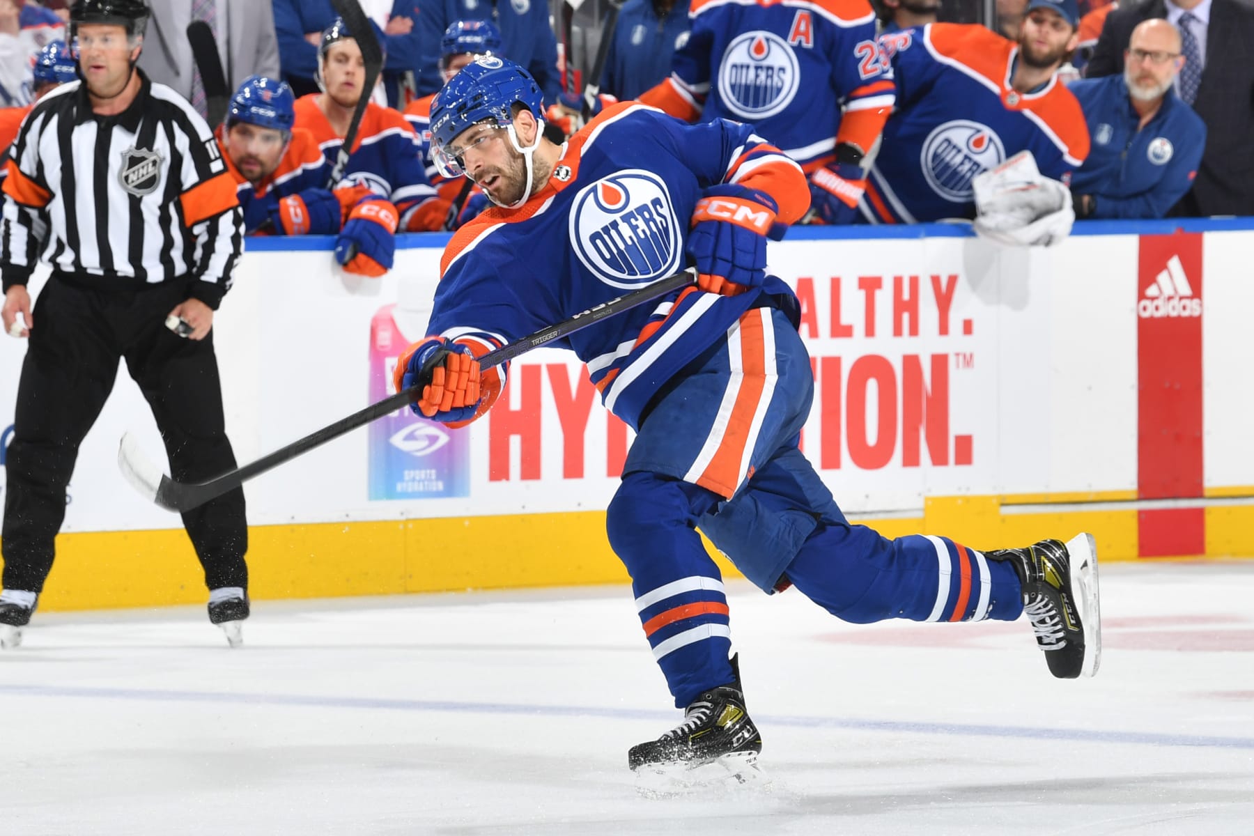 EDMONTON, CANADA - MAY 8: Evan Bouchard #2 of the Edmonton Oilers takes a shot against the Vegas Golden Knights in Game Three of the Second Round of the 2023 Stanley Cup Playoffs at Rogers Place on May 8, 2023, in Edmonton, Alberta, Canada. (Photo by Andy Devlin/NHLI via Getty Images)