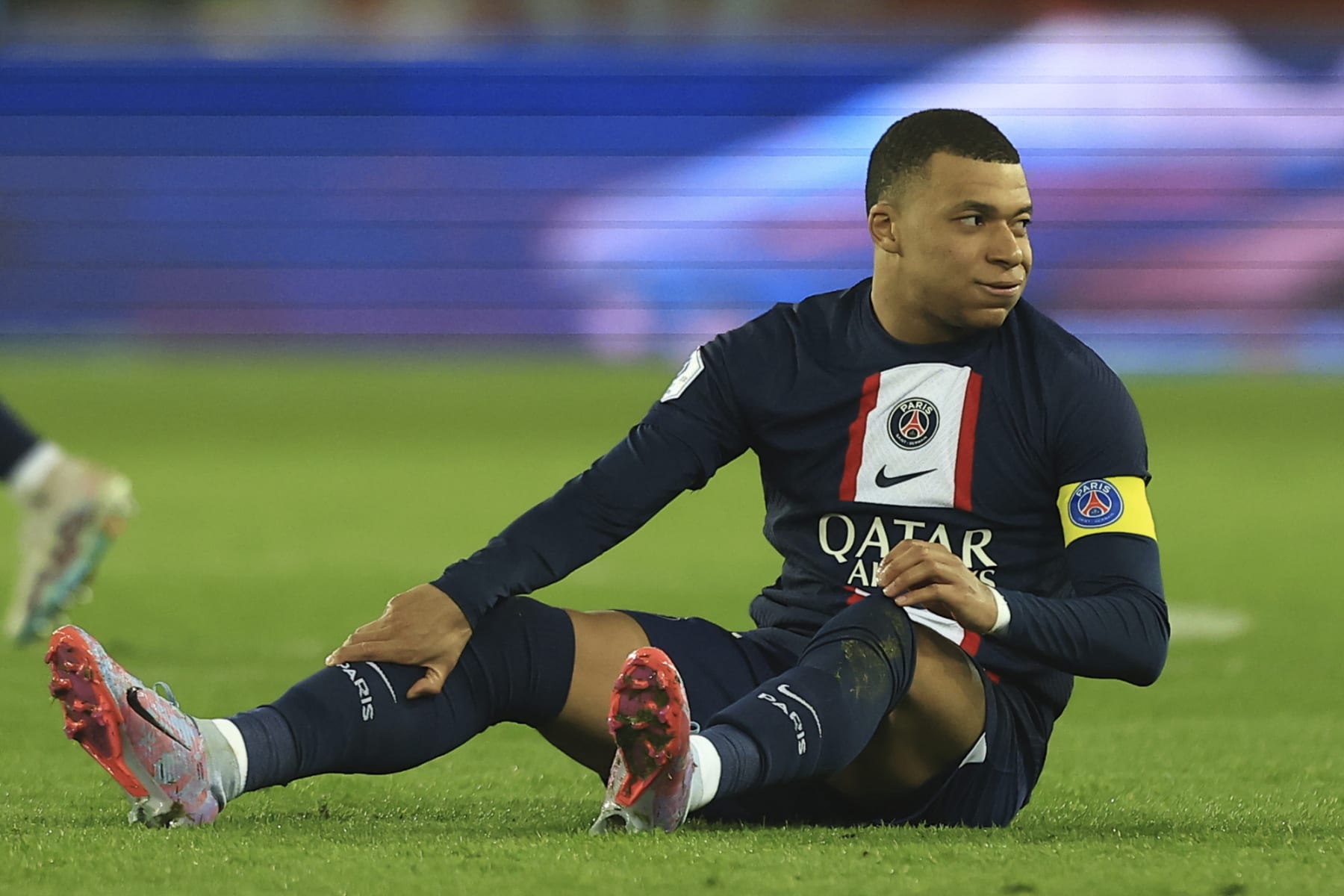 PSG's Kylian Mbappe reacts during the French League One soccer match between Paris Saint-Germain and Nantes at the Parc des Princes in Paris, Saturday, March 4, 2023. (AP Photo/Aurelien Morissard)