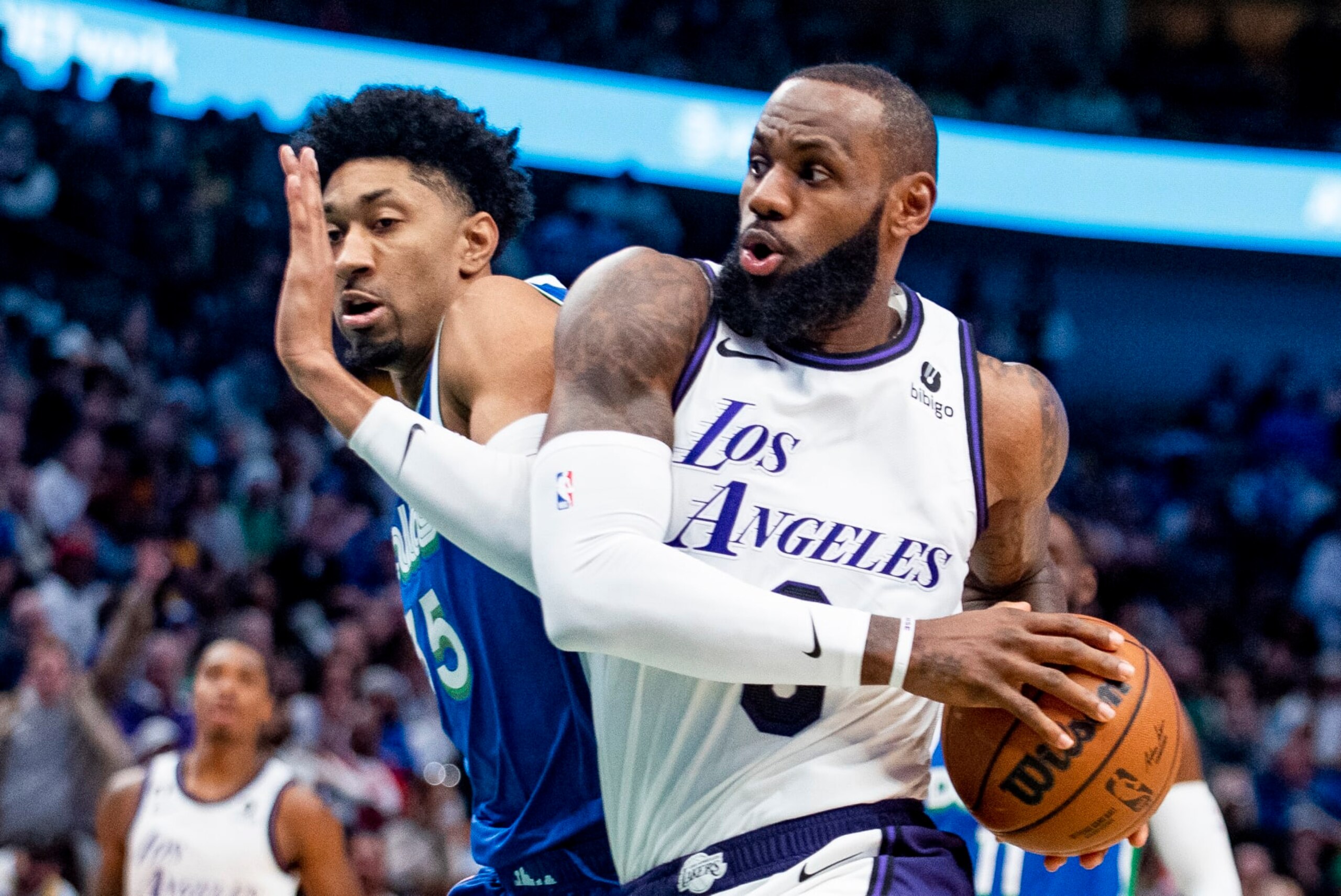 Los Angeles Lakers forward LeBron James (6) drives past Dallas Mavericks forward Christian Wood (35) in the first half of an NBA basketball game in Dallas, Sunday, Dec. 25, 2022. (AP Photo/Emil T. Lippe) Los Angeles Lakers forward LeBron James (6) drives past Dallas Mavericks forward Christian Wood (35) in the first half of an NBA basketball game in Dallas, Sunday, Dec. 25, 2022. (AP Photo/Emil T. Lippe)