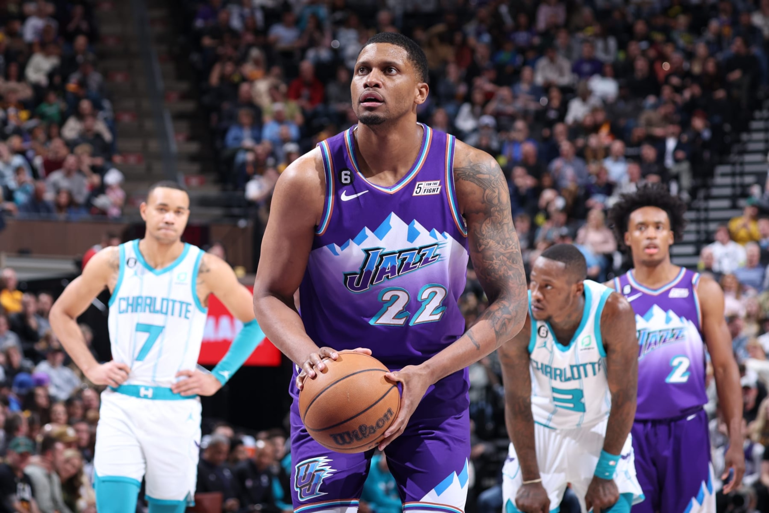 SALT LAKE CITY, UT - JANUARY 23: Rudy Gay #22 of the Utah Jazz prepares to shoot a free throw during the game against the Charlotte Hornets on January 23, 2023 at vivint.SmartHome Arena in Salt Lake City, Utah. NOTE TO USER: User expressly acknowledges and agrees that, by downloading and or using this Photograph, User is consenting to the terms and conditions of the Getty Images License Agreement. Mandatory Copyright Notice: Copyright 2023 NBAE (Photo by Melissa Majchrzak/NBAE via Getty Images)