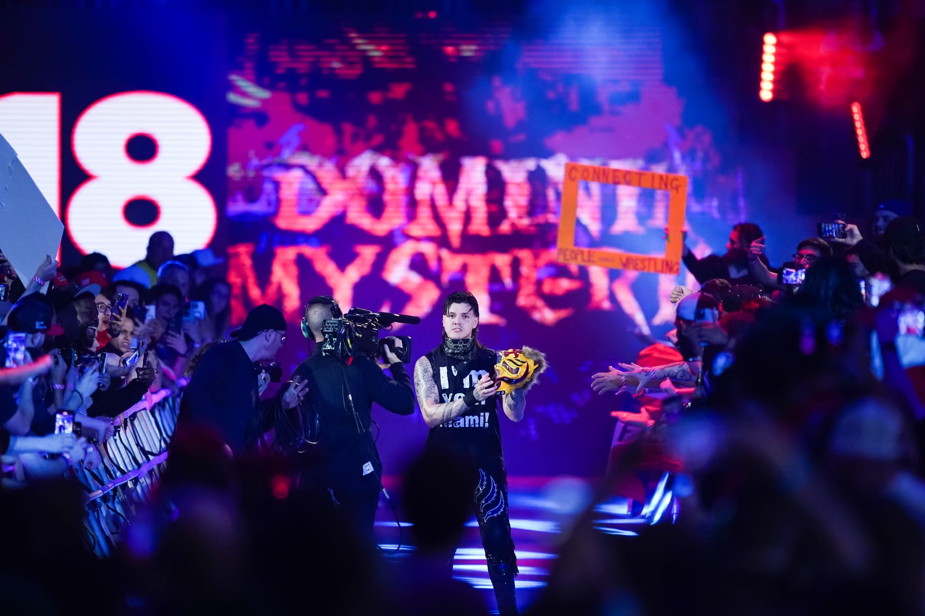 SAN ANTONIO, TEXAS - JANUARY 28: Dominik Mysterio is introduced during the WWE Royal Rumble at the Alamodome on January 28, 2023 in San Antonio, Texas. (Photo by Alex Bierens de Haan/Getty Images)
