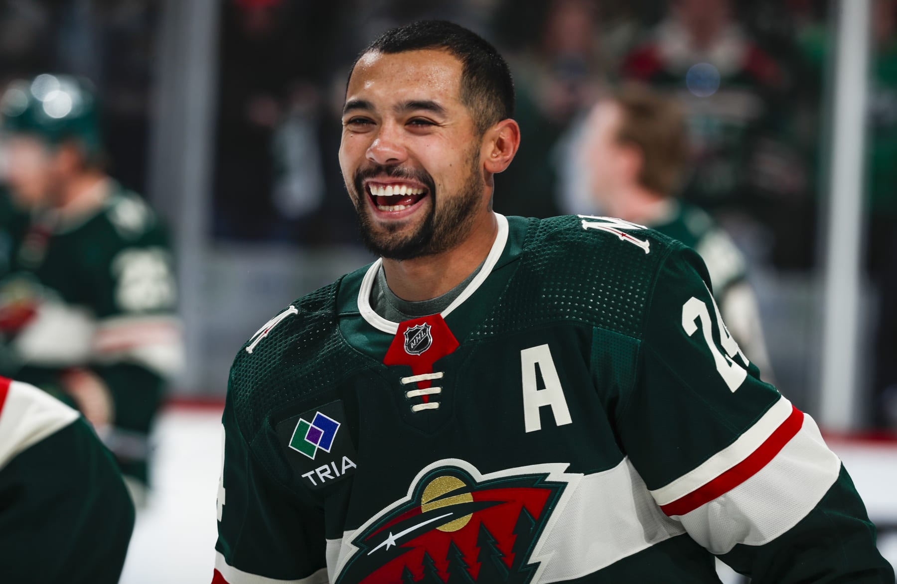 ST PAUL, MN - APRIL 21: Matt Dumba #24 of the Minnesota Wild warms up before Game Three of the First Round of the 2023 Stanley Cup Playoffs at Xcel Energy Center on April 21, 2023 in St Paul, Minnesota. (Photo by Bruce Kluckhohn/NHLI via Getty Images)