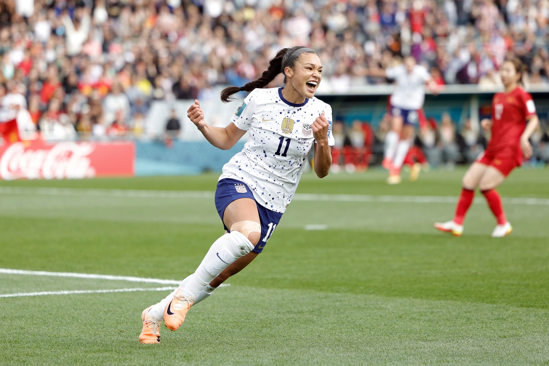 AUCKLAND, NEW ZEALAND - JULY 22: Sophia Smith #11 of the United States celebrates scoring during the first half of the FIFA Women's World Cup Australia & New Zealand 2023 Group E match between USA and Vietnam at Eden Park on July 22, 2023 in Auckland, New Zealand. (Photo by Carmen Mandato/USSF/Getty Images )