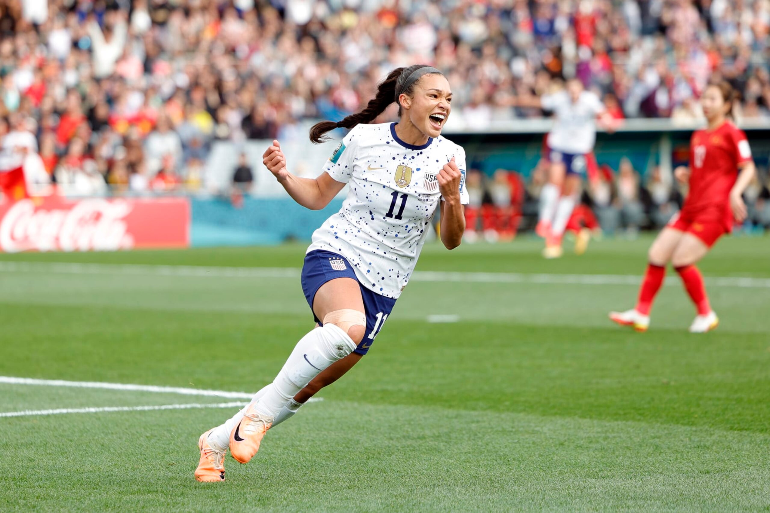 AUCKLAND, NEW ZEALAND - JULY 22: Sophia Smith #11 of the United States celebrates scoring during the first half of the FIFA Women's World Cup Australia & New Zealand 2023 Group E match between USA and Vietnam at Eden Park on July 22, 2023 in Auckland, New Zealand. (Photo by Carmen Mandato/USSF/Getty Images )
