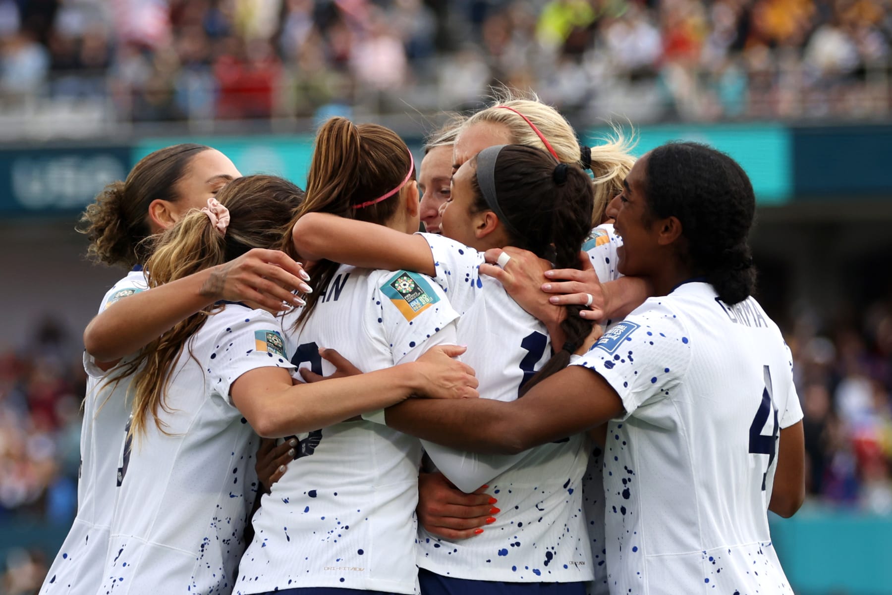 AUCKLAND, NEW ZEALAND - JULY 22: Sophia Smith (2nd R) of USA celebrates with teammates after scoring her team's first goal during the FIFA Women's World Cup Australia & New Zealand 2023 Group E match between USA and Vietnam at Eden Park on July 22, 2023 in Auckland / TÄmaki Makaurau, New Zealand. (Photo by Buda Mendes/Getty Images) AUCKLAND, NEW ZEALAND - JULY 22: Sophia Smith (2nd R) of USA celebrates with teammates after scoring her team's first goal during the FIFA Women's World Cup Australia & New Zealand 2023 Group E match between USA and Vietnam at Eden Park on July 22, 2023 in Auckland / TÄmaki Makaurau, New Zealand. (Photo by Buda Mendes/Getty Images)