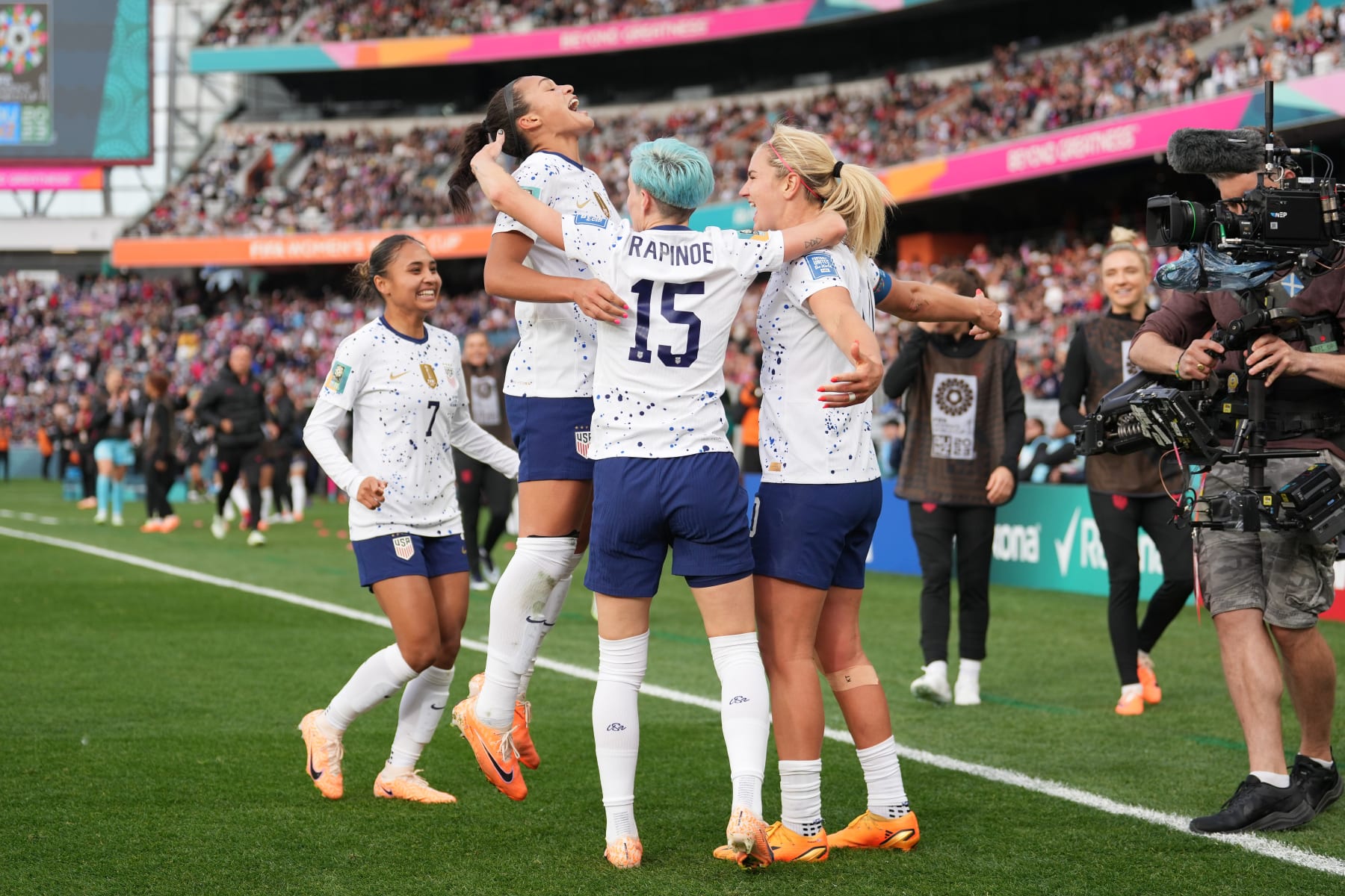 AUCKLAND, NEW ZEALAND - JULY 22: Lindsey Horan #10 of the United States celebrates scoring with Sophia Smith #11 and Megan Rapinoe #15 during the second half of the FIFA Women's World Cup Australia & New Zealand 2023 Group E match between USA and Vietnam at Eden Park on July 22, 2023 in Auckland, New Zealand. (Photo by Brad Smith/USSF/Getty Images )