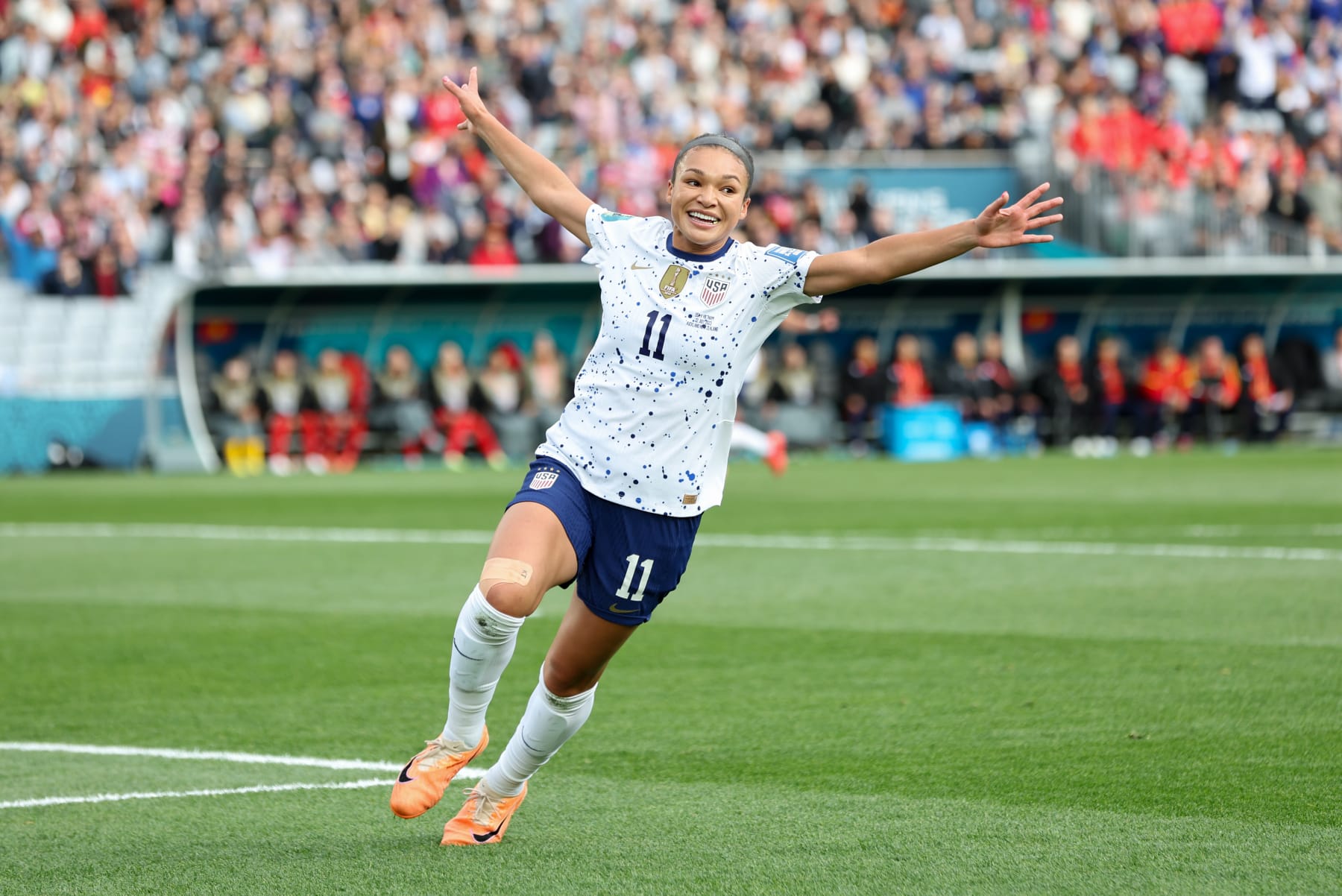 AUCKLAND, NEW ZEALAND - JULY 22: Sophia Smith #11 of USA scores a goal and celebrates during the FIFA Women's World Cup Australia & New Zealand 2023 Group E match between USA and Vietnam at Eden Park on July 22, 2023 in Auckland, New Zealand. (Photo by Lynne Cameron/ISI Photos/Getty Images)