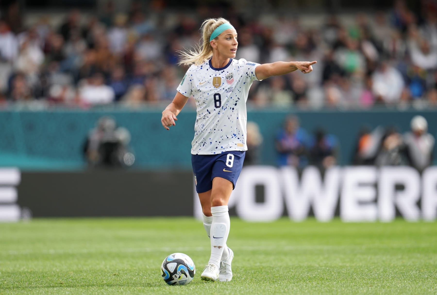 AUCKLAND, NEW ZEALAND - JULY 22: Julie Ertz #8 of the United States sets up players during the first half of the FIFA Women's World Cup Australia & New Zealand 2023 Group E match between USA and Vietnam at Eden Park on July 22, 2023 in Auckland, New Zealand. (Photo by Brad Smith/USSF/Getty Images )