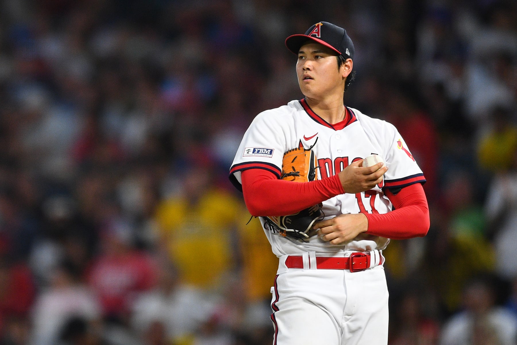 ANAHEIM, CA - JULY 21: Los Angeles Angels Pitcher Shohei Ohtani (17) looks on after giving up a home run during the MLB game between the Pittsburgh Pirates and the Los Angeles Angels of Anaheim on July 21, 2023 at Angel Stadium of Anaheim in Anaheim, CA. (Photo by Brian Rothmuller/Icon Sportswire via Getty Images)