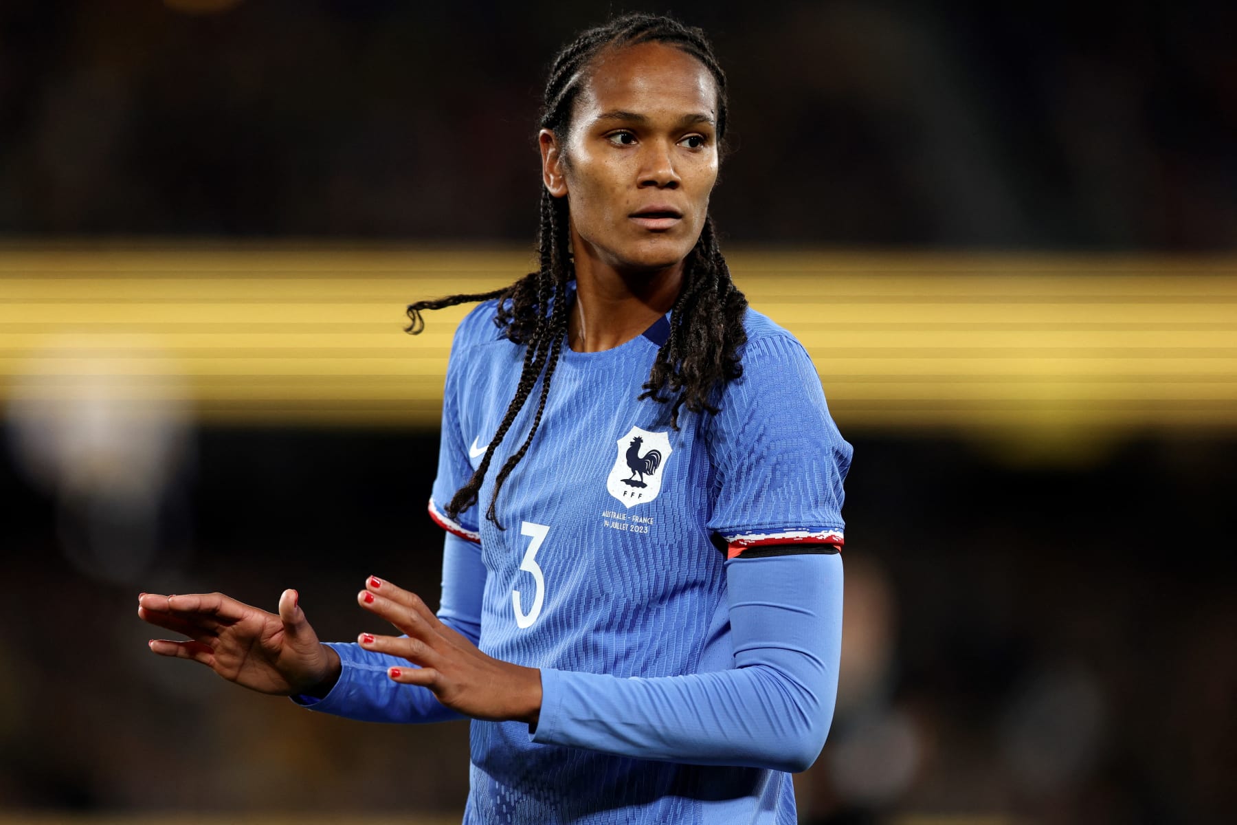 France's Wendie Renard reacts during the women's International football friendly match between Australia and France at Marvel Stadium in Melbourne on July 14 2023. (Photo by Martin KEEP / AFP) / -- IMAGE RESTRICTED TO EDITORIAL USE - STRICTLY NO COMMERCIAL USE -- (Photo by MARTIN KEEP/AFP via Getty Images)