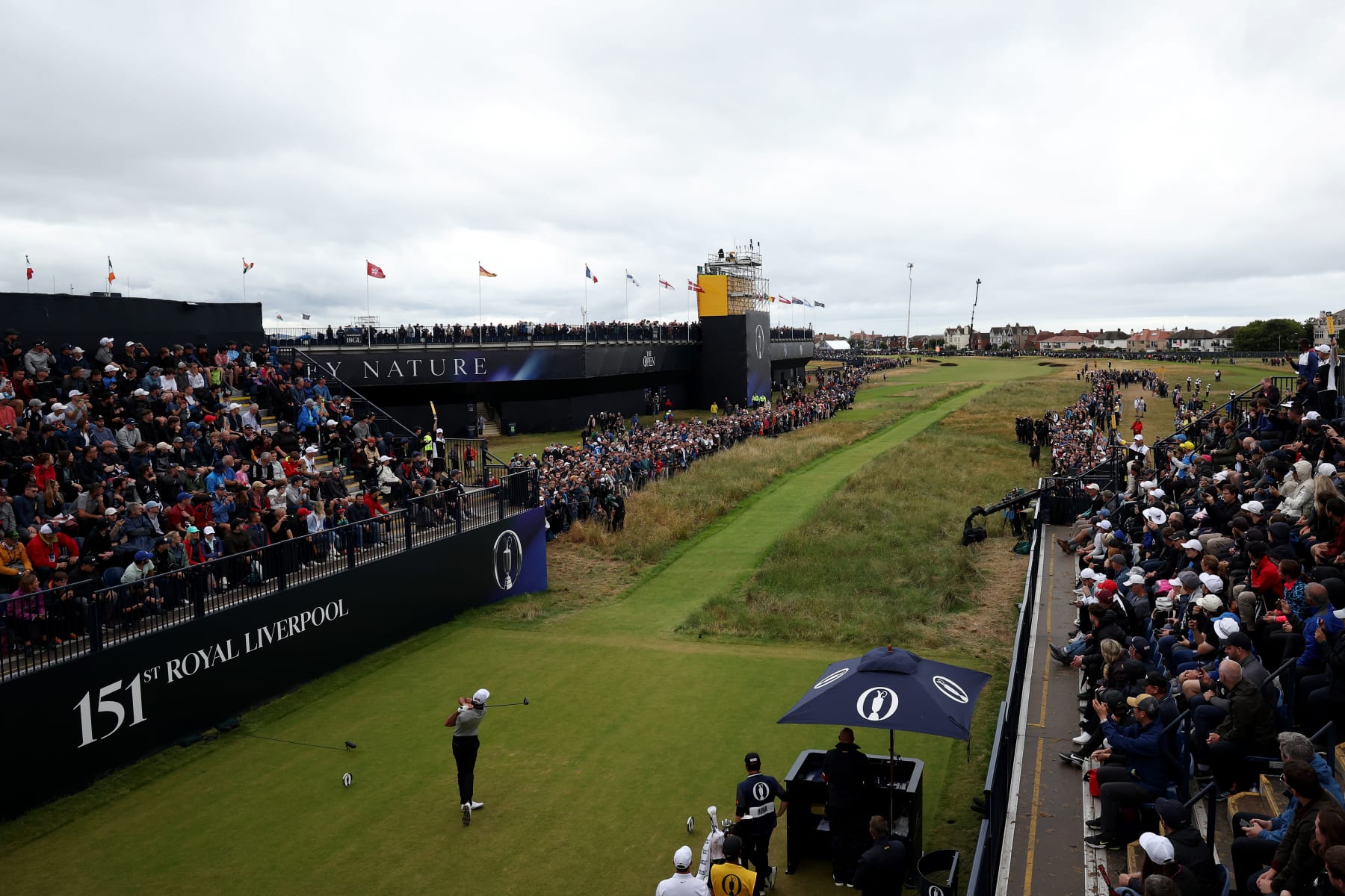 HOYLAKE, ENGLAND - JULY 22: A general view as Max Homa of the United States tees off on the 1st hole on Day Three of The 151st Open at Royal Liverpool Golf Club on July 22, 2023 in Hoylake, England. (Photo by Jared C. Tilton/Getty Images)