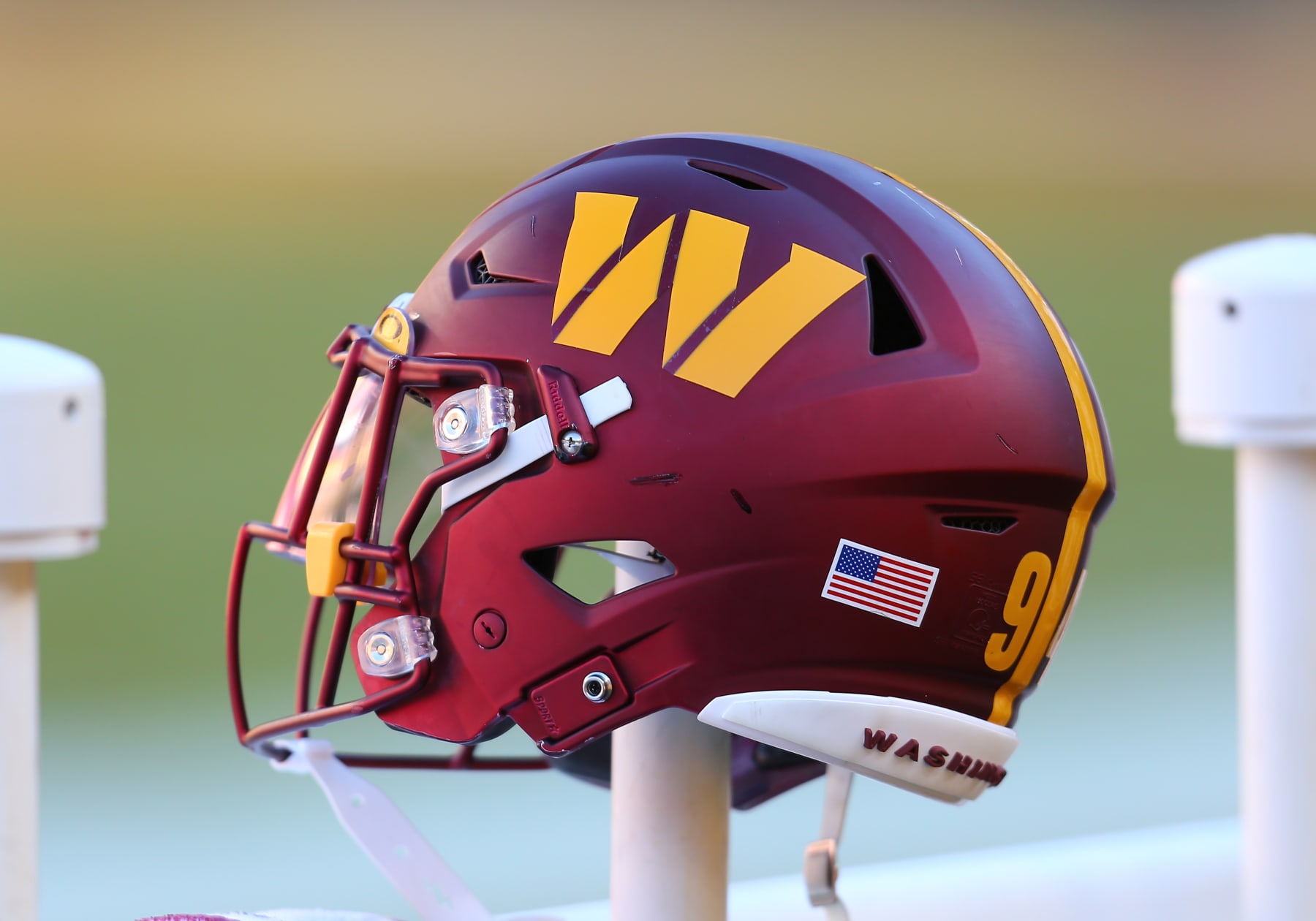 LANDOVER, MD - JANUARY 01: Washington Commanders helmet resting on the bench prior to the Cleveland Browns game versus the Washington Commanders on January 01, 2023, at FedEx Field in Landover, MD. (Photo by Lee Coleman/Icon Sportswire via Getty Images)