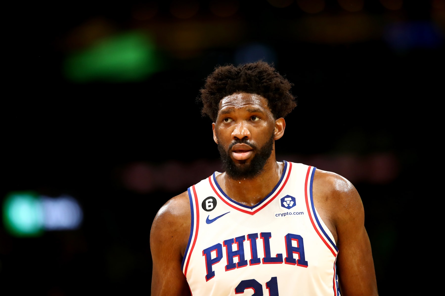 BOSTON, MASSACHUSETTS - MAY 14: Joel Embiid #21 of the Philadelphia 76ers reacts against the Boston Celtics during the first quarter in game seven of the 2023 NBA Playoffs Eastern Conference Semifinals at TD Garden on May 14, 2023 in Boston, Massachusetts. NOTE TO USER: User expressly acknowledges and agrees that, by downloading and or using this photograph, User is consenting to the terms and conditions of the Getty Images License Agreement. (Photo by Adam Glanzman/Getty Images)