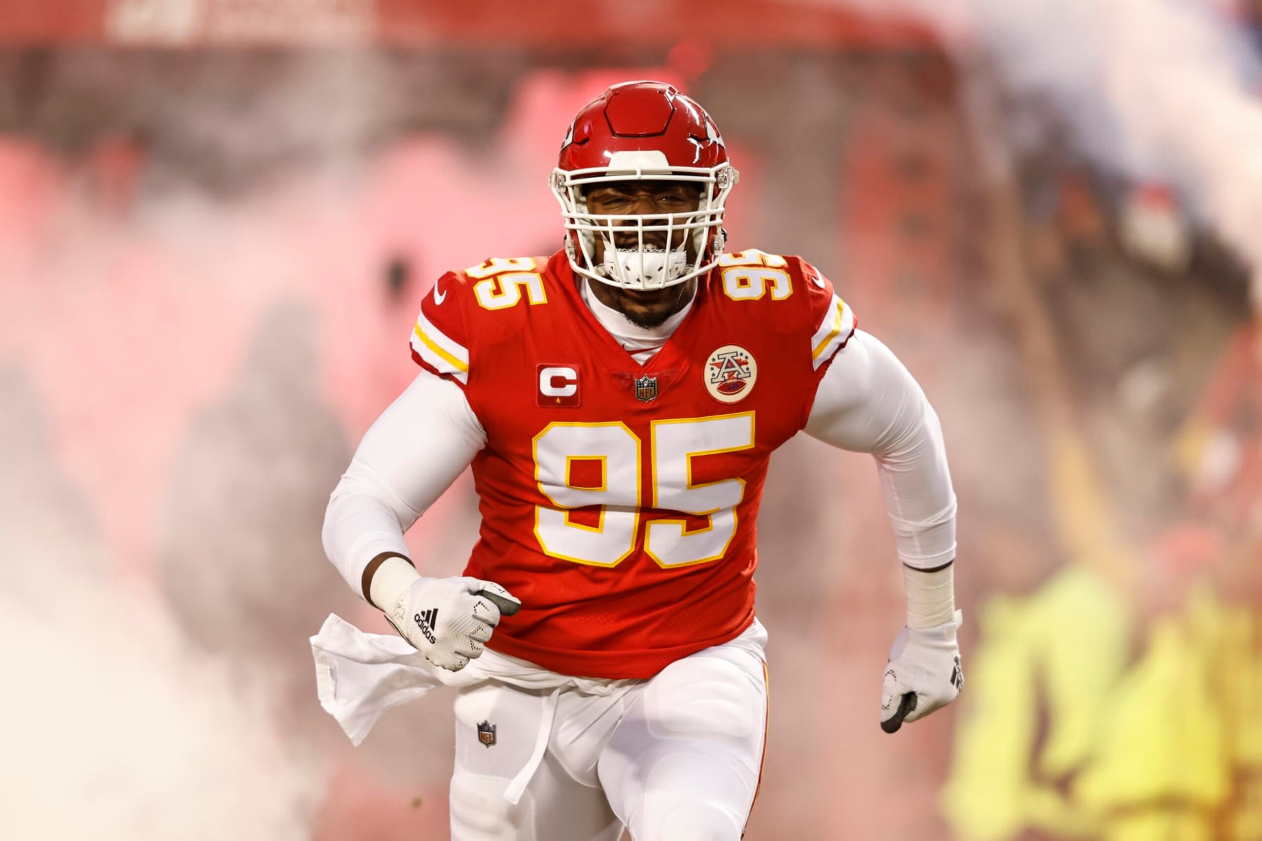 KANSAS CITY, MISSOURI - JANUARY 29: Chris Jones #95 of the Kansas City Chiefs reacts as he takes the field prior to the AFC Championship NFL football game between the Kansas City Chiefs and the Cincinnati Bengals at GEHA Field at Arrowhead Stadium on January 29, 2023 in Kansas City, Missouri. (Photo by Michael Owens/Getty Images)