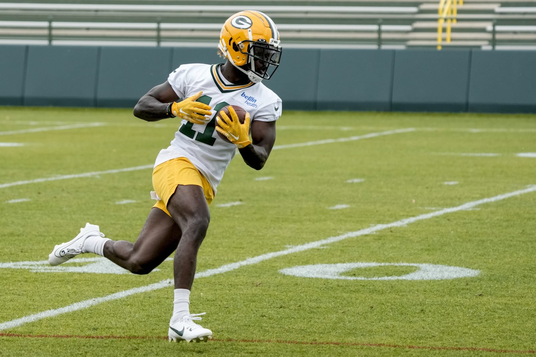 Green Bay Packers' Jayden Reed catches a pass during an NFL football OTA practice session Wednesday, May 31, 2023, in Green Bay, Wis. (AP Photo/Morry Gash)