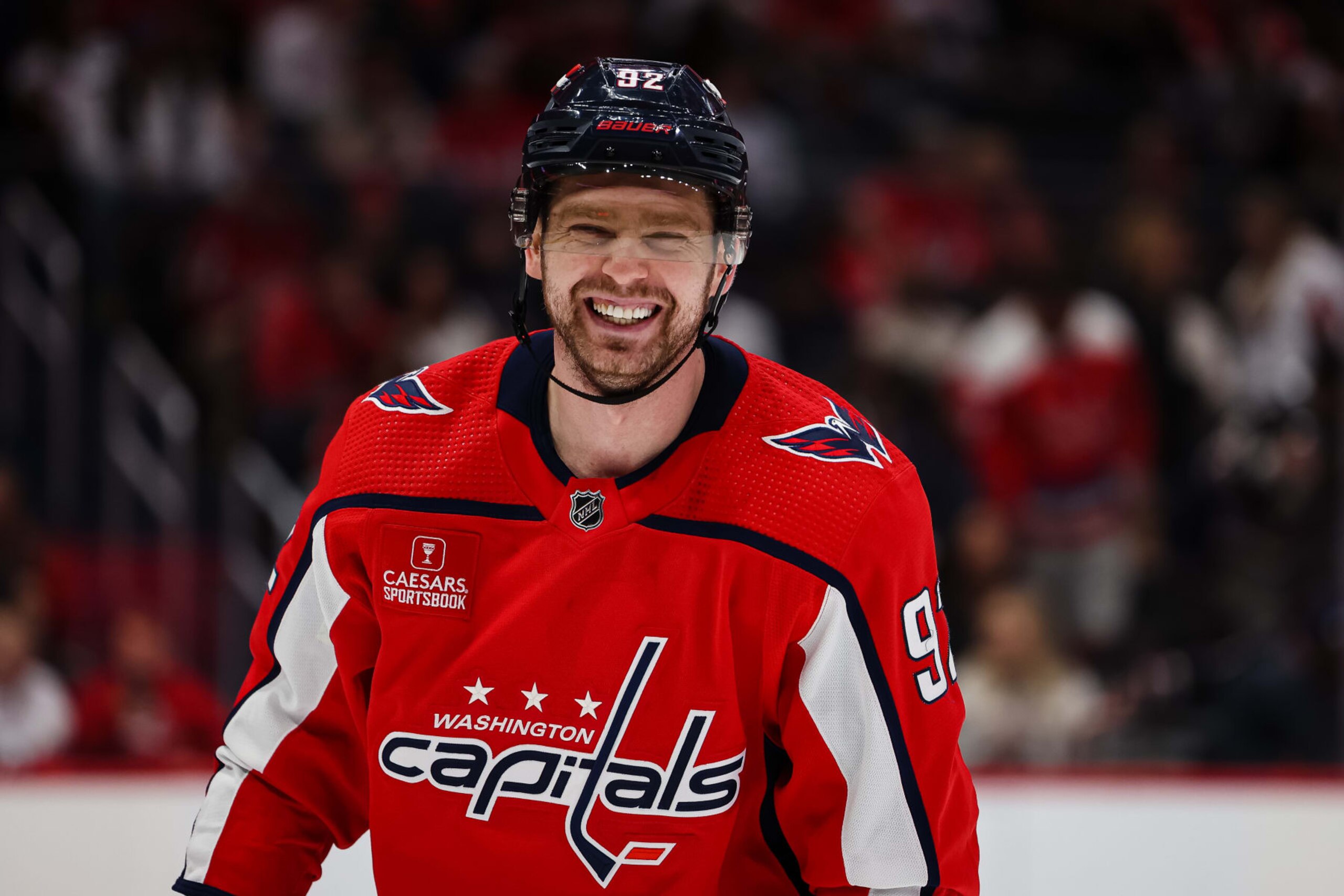 WASHINGTON, DC - APRIL 08: Evgeny Kuznetsov #92 of the Washington Capitals reacts against the Florida Panthers during the second period of the game at Capital One Arena on April 8, 2023 in Washington, DC. (Photo by Scott Taetsch/Getty Images)