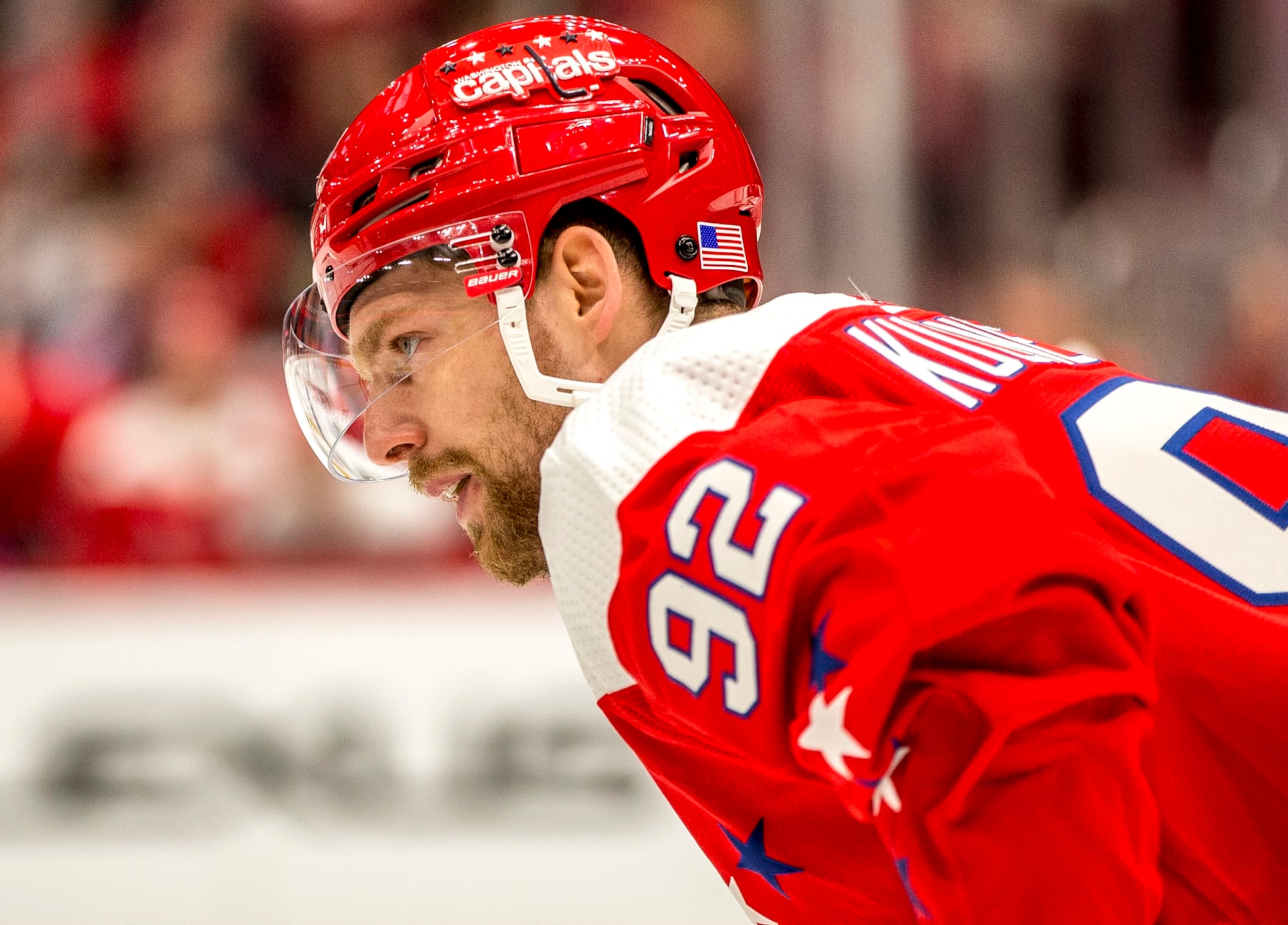 WASHINGTON, DC - NOVEMBER 11: Washington Capitals Center Evgeny Kuznetsov (92) scored a hat trick during a NHL game between the Arizona Coyotes and the Washington Capitals on November 11, 2019, at Capital One Arena, in Washington D.C.(Photo by Tony Quinn/Icon Sportswire via Getty Images)