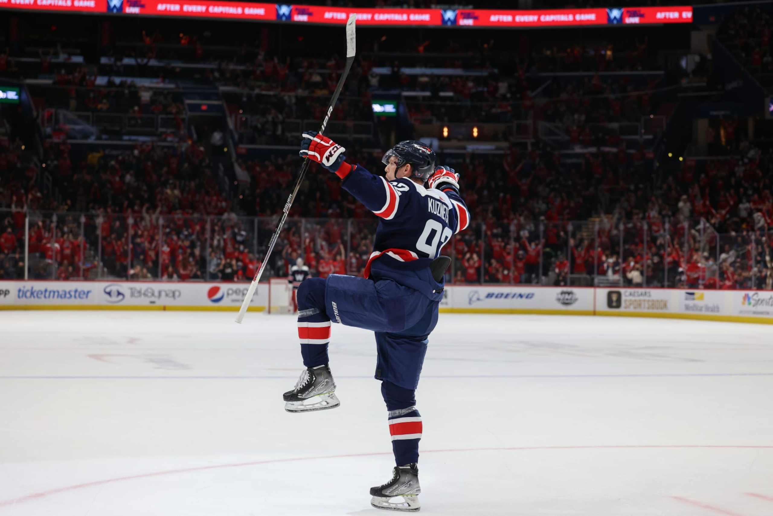 WASHINGTON, DC - DECEMBER 29: Evgeny Kuznetsov #92 of the Washington Capitals celebrates a goal during a game against the Nashville Predators at Capital One Arena on December 29, 2021 in Washington, D.C. (Photo by John McCreary/NHLI via Getty Images)