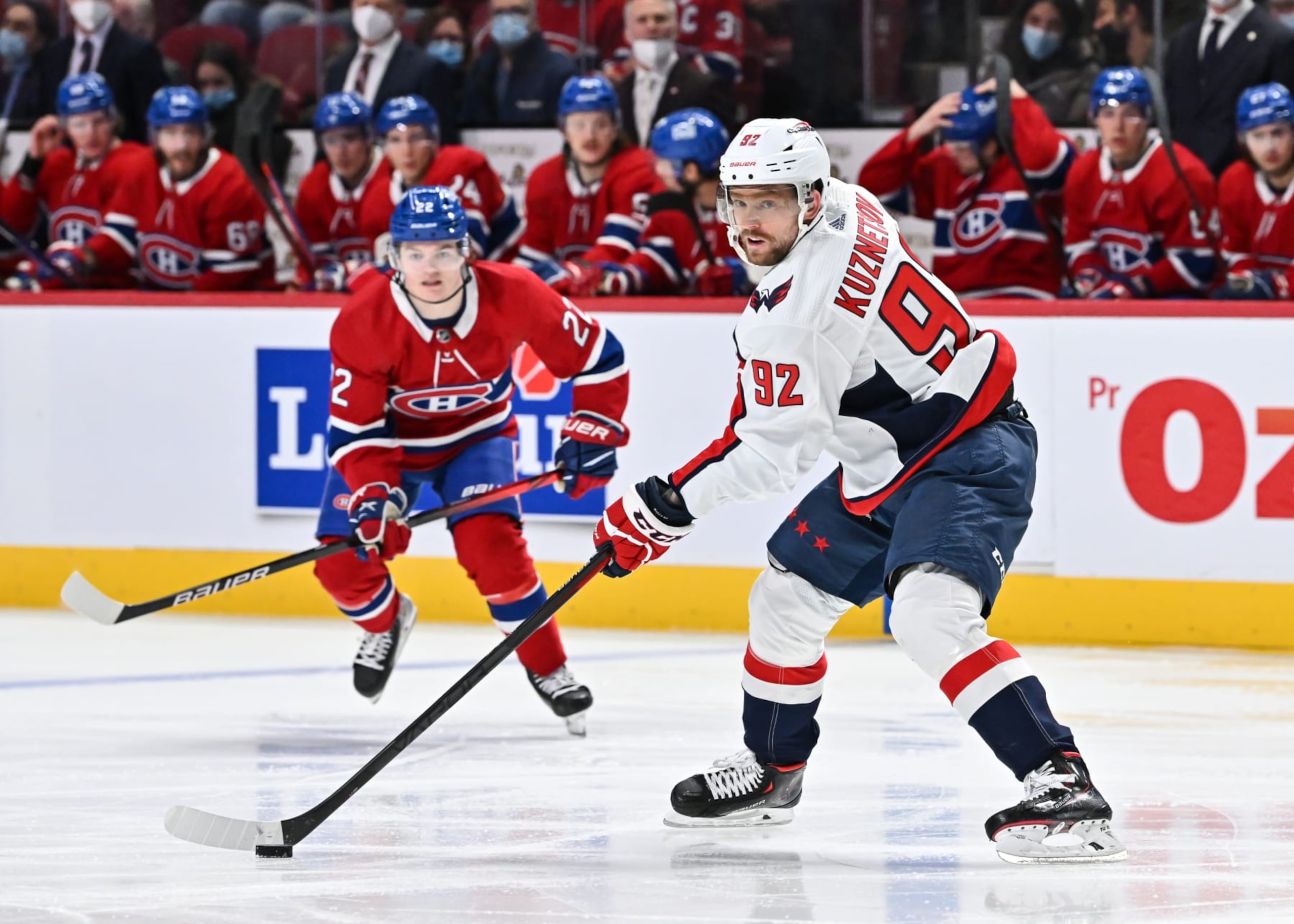 MONTREAL, QC - APRIL 16:  Evgeny Kuznetsov #92 of the Washington Capitals skates the puck against the Montreal Canadiens during the third period at Centre Bell on April 16, 2022 in Montreal, Canada.  The Washington Capitals defeated the Montreal Canadiens 8-4.  (Photo by Minas Panagiotakis/Getty Images)