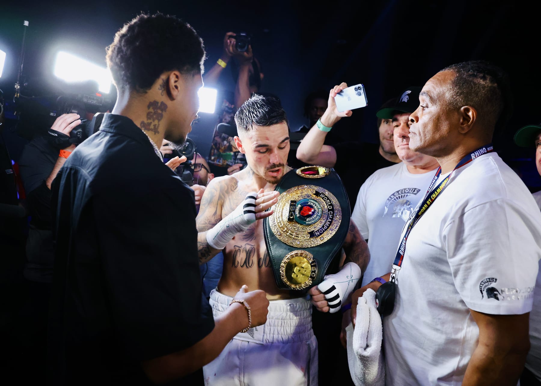 SHAWNEE, OKLAHOMA - JULY 22: Shakur Stevenson (L) eyes George Kambosos Jr title (R) after defeating Maxi Hughes at FireLake Arena on July 22, 2023 in Shawnee, Oklahoma. (Photo by Mikey Williams/Top Rank Inc via Getty Images)