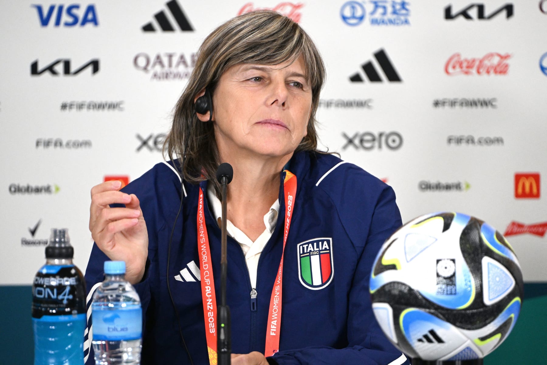 Italy's coach Milena Bertolini attends a press conference at the Eden Park in Auckland on July 23, 2023, on the eve of the Women's World Cup football match against Argentina. (Photo by Saeed KHAN / AFP) (Photo by SAEED KHAN/AFP via Getty Images)