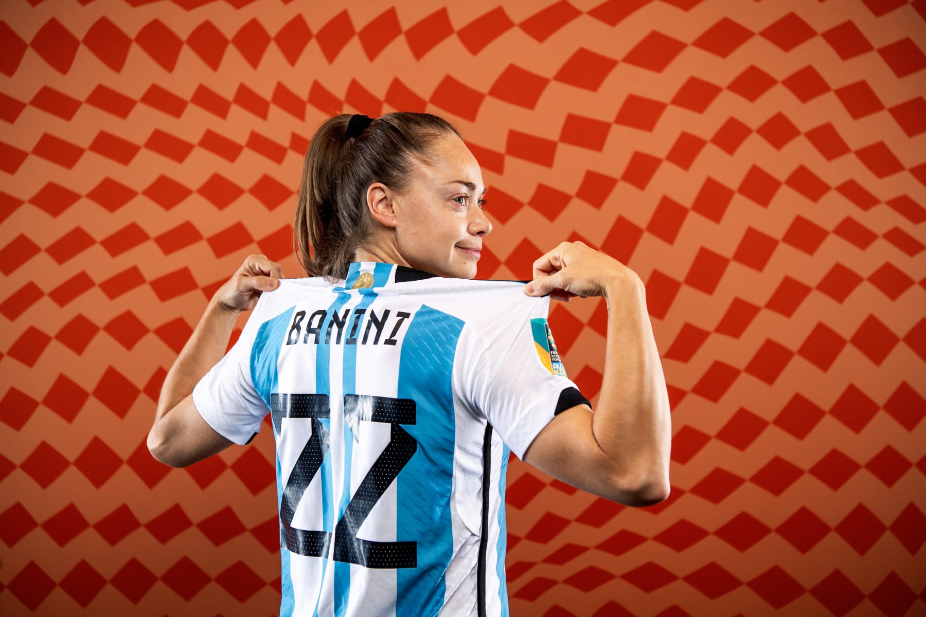 AUCKLAND, NEW ZEALAND - JULY 21: Estefania Banini of Argentina poses during the official FIFA Women's World Cup Australia & New Zealand 2023 portrait session on July 21, 2023 in Auckland / TÄmaki Makaurau, New Zealand. (Photo by Hannah Peters - FIFA/FIFA via Getty Images)