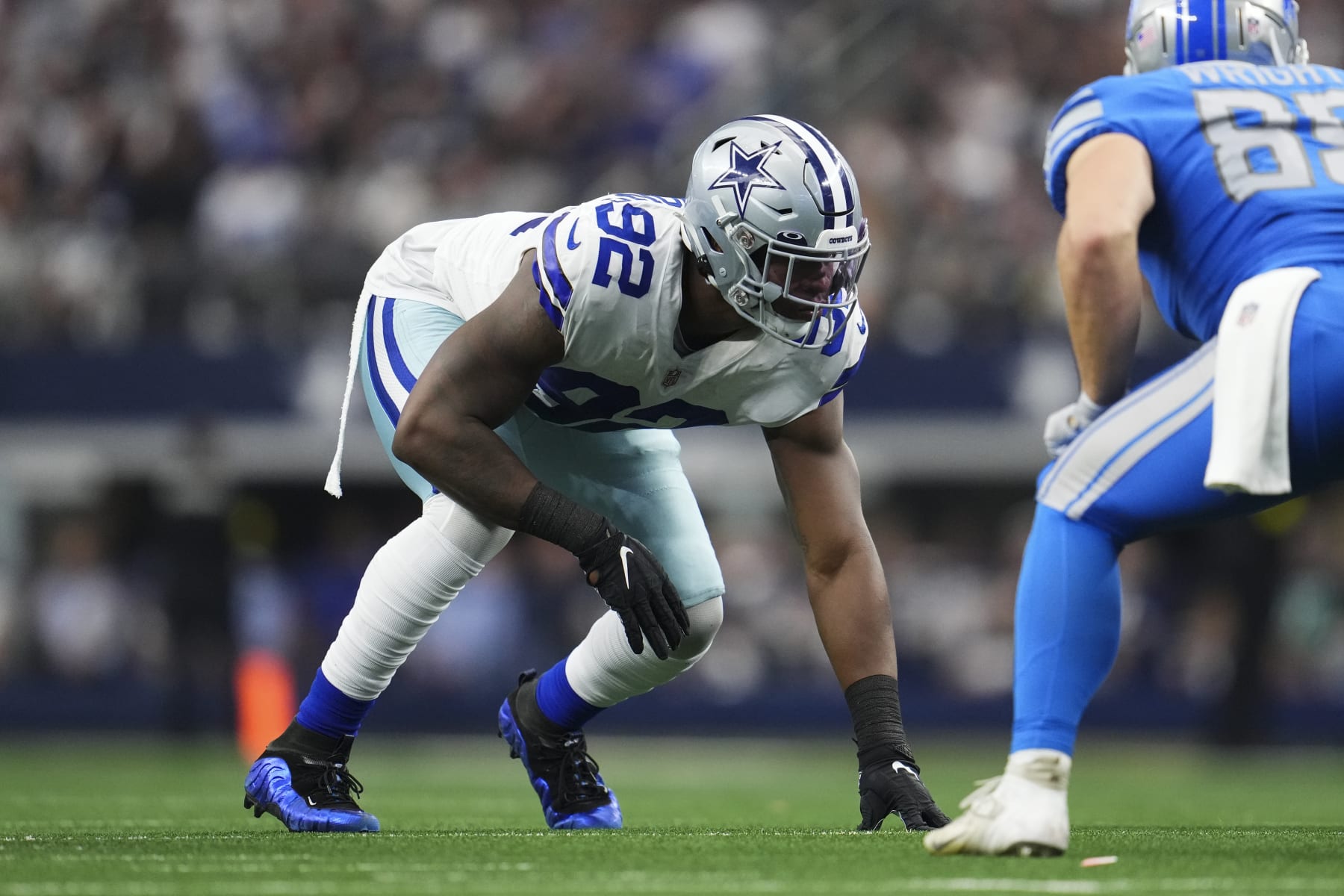 ARLINGTON, TX - OCTOBER 23: Dorance Armstrong #92 of the Dallas Cowboys gets set against the Detroit Lions at AT&T Stadium on October 23, 2022 in Arlington, Texas. (Photo by Cooper Neill/Getty Images)