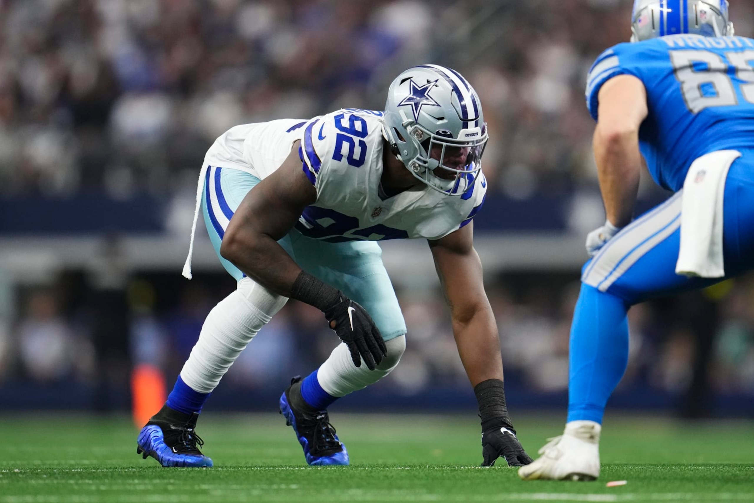 ARLINGTON, TX - OCTOBER 23: Dorance Armstrong #92 of the Dallas Cowboys gets set against the Detroit Lions at AT&T Stadium on October 23, 2022 in Arlington, Texas. (Photo by Cooper Neill/Getty Images)