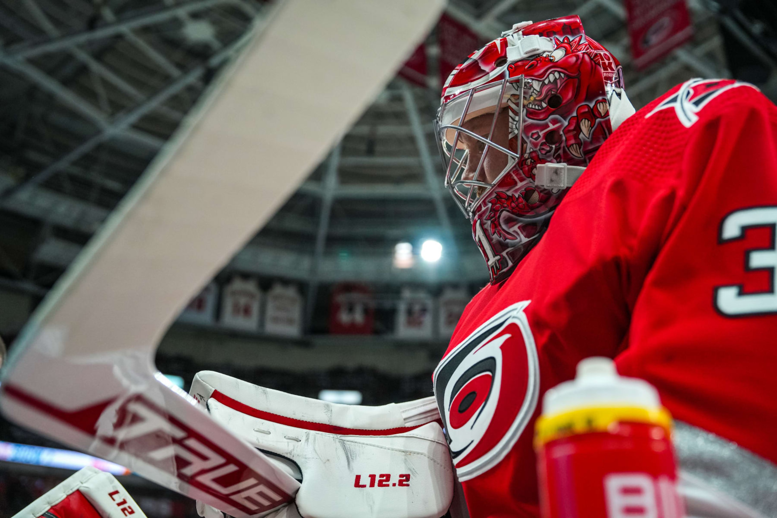 RALEIGH, NORTH CAROLINA - MAY 18: Frederik Andersen #31 of the Carolina Hurricanes warms up prior to Game One of the Eastern Conference Final of the 2023 Stanley Cup Playoffs against the Florida Panthers at PNC Arena on May 18, 2023 in Raleigh, North Carolina. (Photo by Josh Lavallee/NHLI via Getty Images)