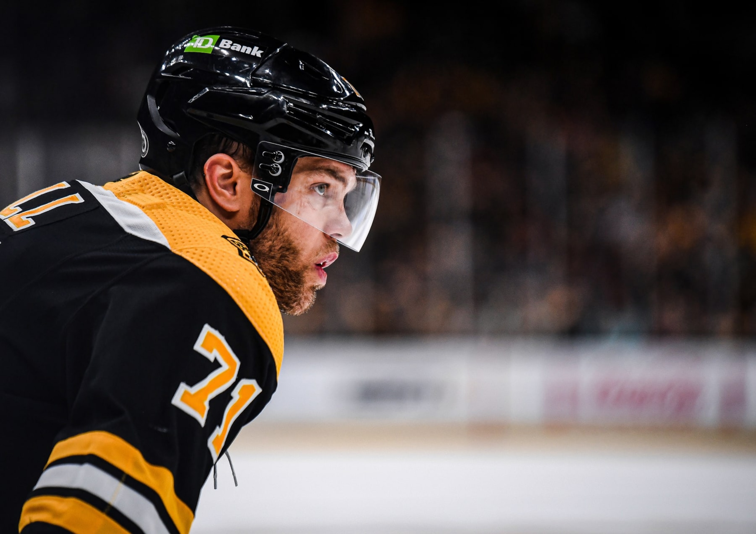 BOSTON, MASSACHUSETTS - APRIL 08: Taylor Hall #71 of the Boston Bruins waits for a face-off in the third period of the game against the New Jersey Devils at TD Garden on April 08, 2023 in Boston, Massachusetts. (Photo by China Wong/NHLI via Getty Images)