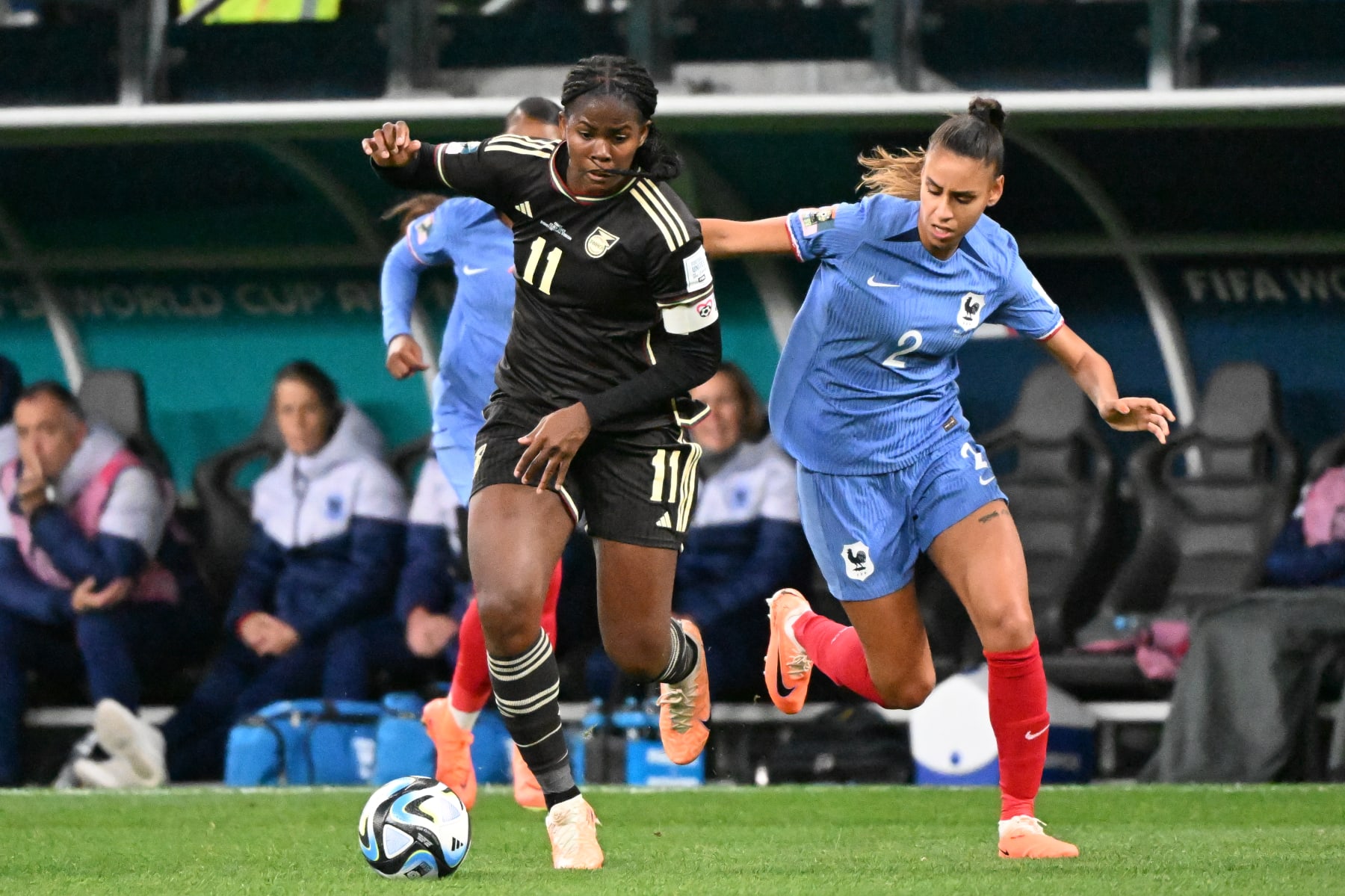 SYDNEY, AUSTRALIA - JULY 23: Khadija Shaw of Jamaica and Maelle Lakrar of France battle for the ball during the FIFA Women's World Cup Australia & New Zealand 2023 Group F match between France and Jamaica at Sydney Football Stadium on July 23, 2023 in Sydney, Australia. (Photo by Amy Halpin /DeFodi Images via Getty Images)