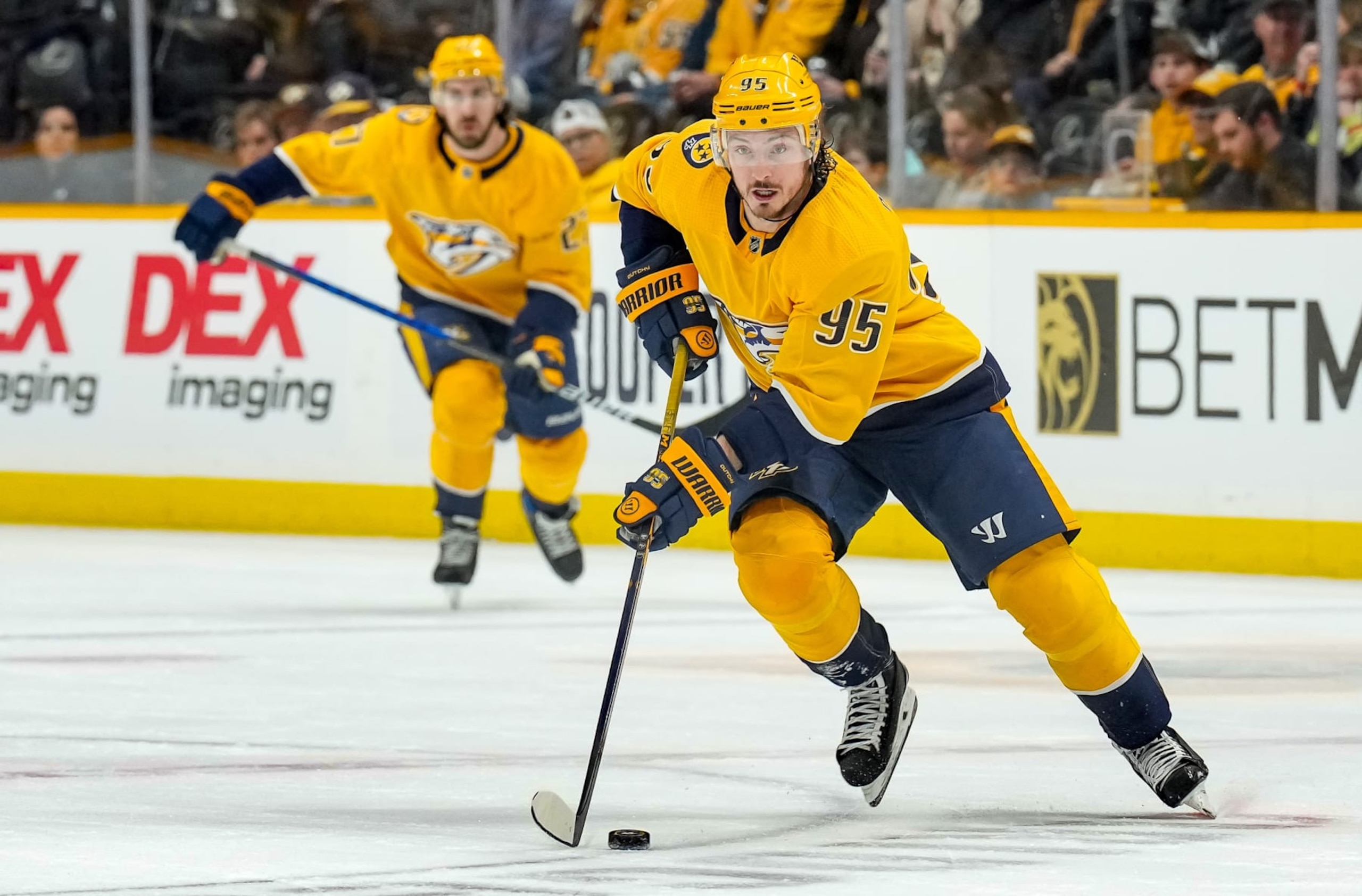 NASHVILLE, TENNESSEE - JANUARY 14: Matt Duchene #95 of the Nashville Predators skates against the Buffalo Sabres during an NHL game at Bridgestone Arena on January 14, 2023 in Nashville, Tennessee. (Photo by John Russell/NHLI via Getty Images)