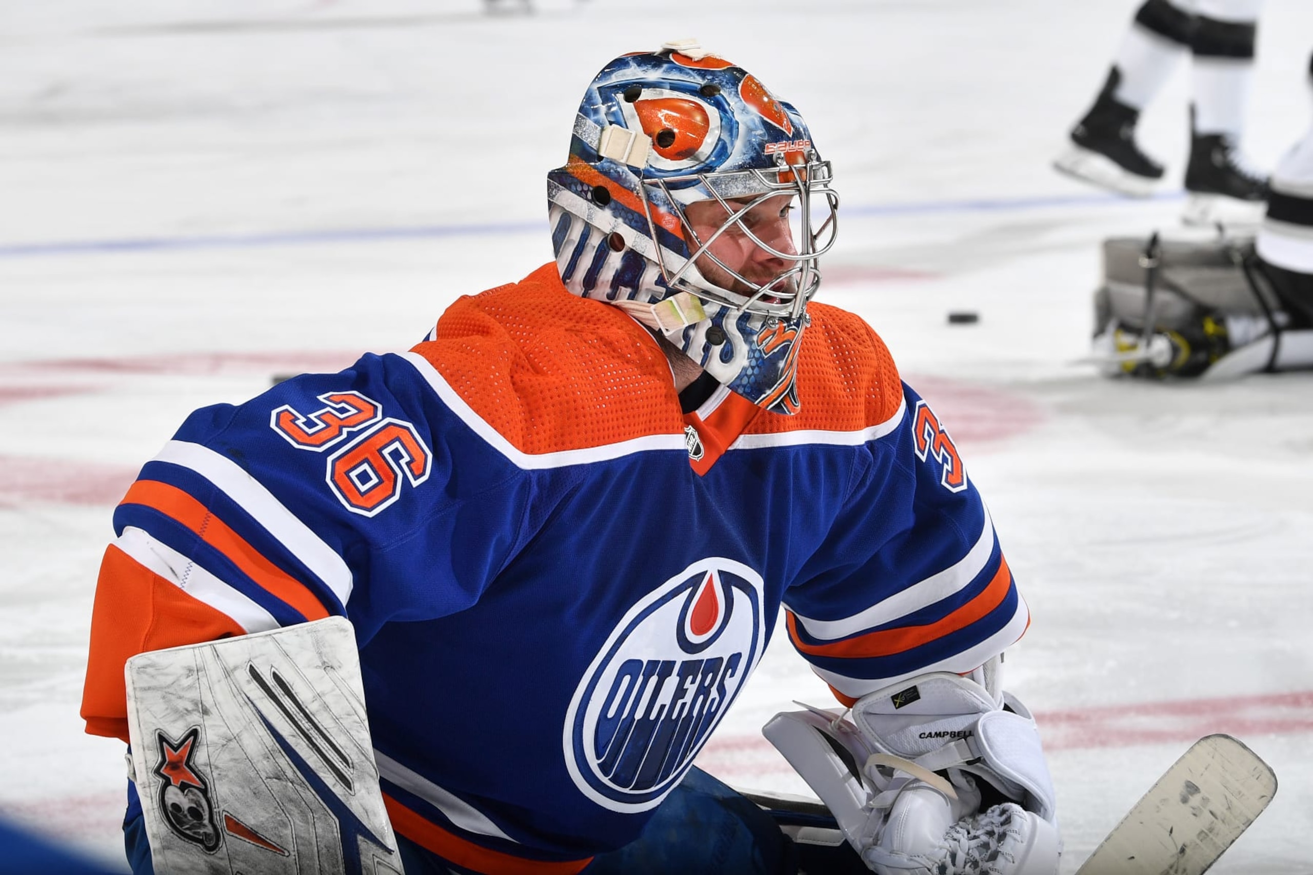 EDMONTON, CANADA - APRIL 25: Jack Campbell #36 of the Edmonton Oilers participates in warm ups before Game Five of the First Round of the 2023 Stanley Cup Playoffs against the Los Angeles Kings at Rogers Place on April 25, 2023, in Edmonton, Alberta, Canada. (Photo by Andy Devlin/NHLI via Getty Images)