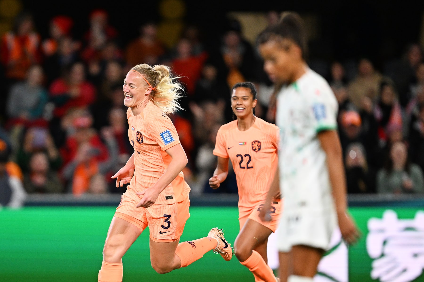 DUNEDIN, NEW ZEALAND - JULY 23: Stefanie Van Der Gragt of Netherlands celebrates after scoring her team's first goal during the FIFA Women's World Cup Australia & New Zealand 2023 Group E match between Netherlands and Portugal at Dunedin Stadium on July 23, 2023 in Dunedin, New Zealand. (Photo by Joe Allison - FIFA/FIFA via Getty Images)