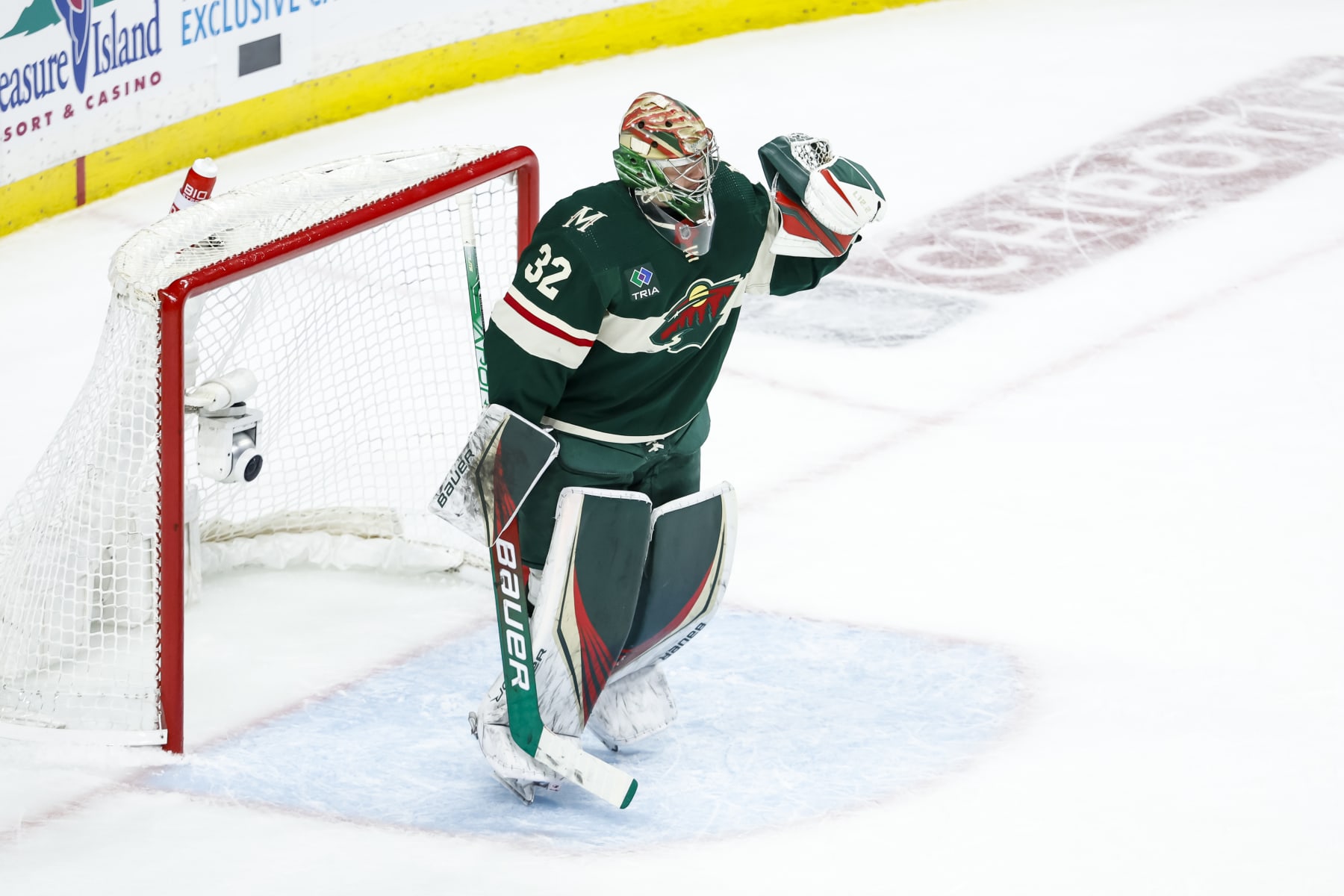 ST PAUL, MN - APRIL 21: Filip Gustavsson #32 of the Minnesota Wild celebrates his victory against the Dallas Stars after Game Three of the First Round of the 2023 Stanley Cup Playoffs at Xcel Energy Center on April 21, 2023 in St Paul, Minnesota. The Wild defeated the Stars 2-1 to take a 2-1 series lead. (Photo by David Berding/Getty Images)