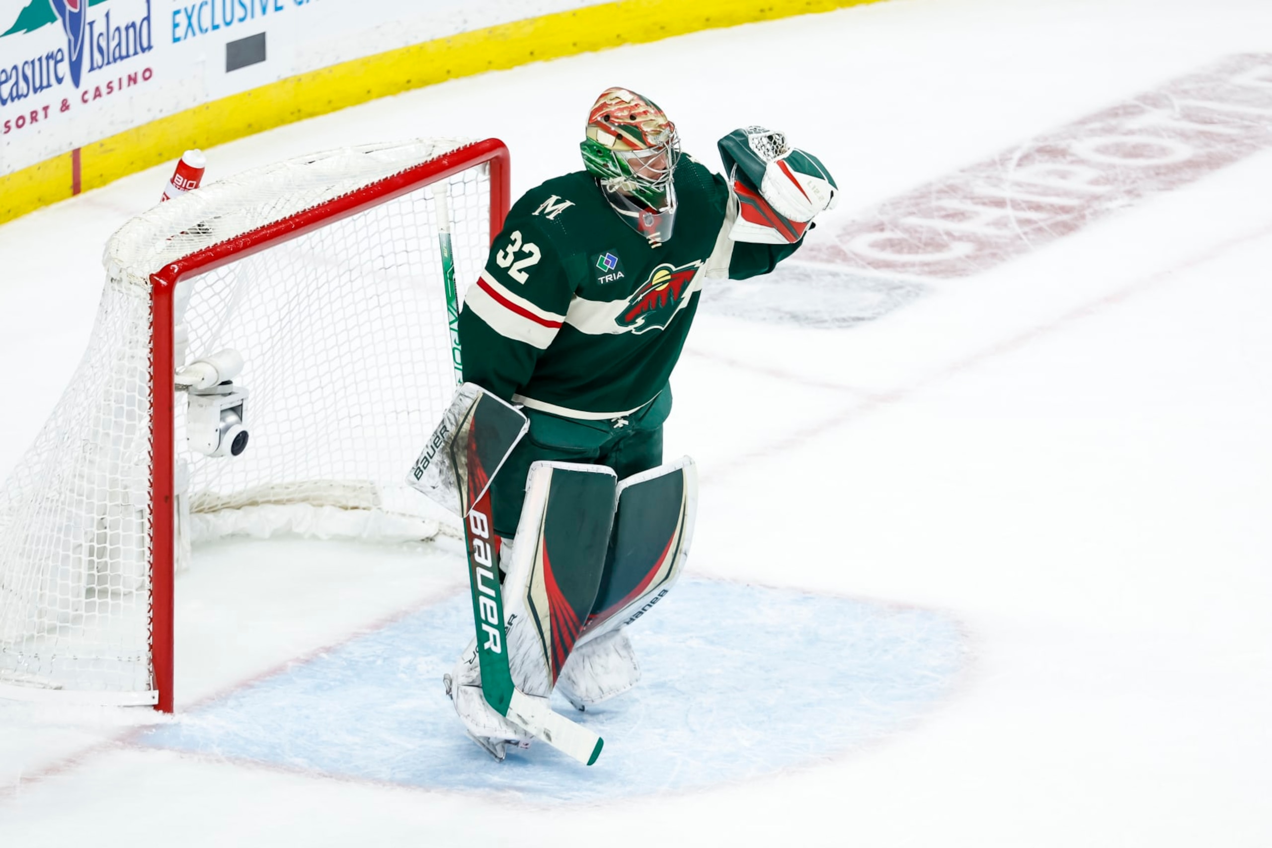 ST PAUL, MN - APRIL 21: Filip Gustavsson #32 of the Minnesota Wild celebrates his victory against the Dallas Stars after Game Three of the First Round of the 2023 Stanley Cup Playoffs at Xcel Energy Center on April 21, 2023 in St Paul, Minnesota. The Wild defeated the Stars 2-1 to take a 2-1 series lead. (Photo by David Berding/Getty Images)