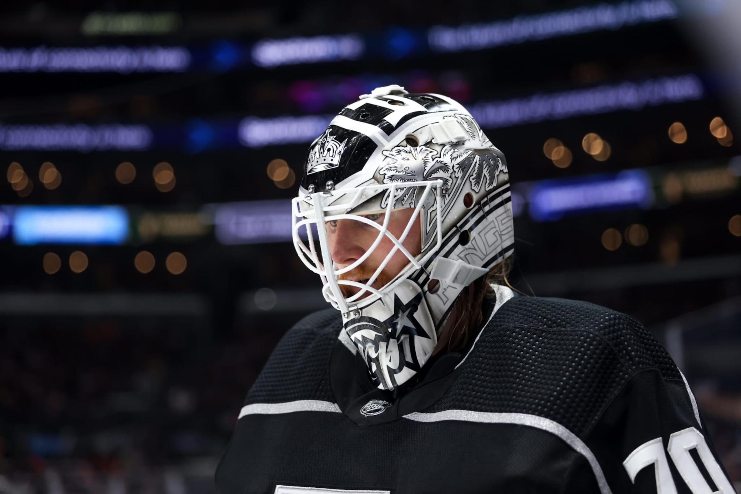 LOS ANGELES, CALIFORNIA - APRIL 29: Joonas Korpisalo #70 of the Los Angeles Kings waits for the third period to start in Game Six of the First Round of the 2023 Stanley Cup Playoffs at Crypto.com Arena on April 29, 2023 in Los Angeles, California. (Photo by Nicole Vasquez/NHLI via Getty Images)