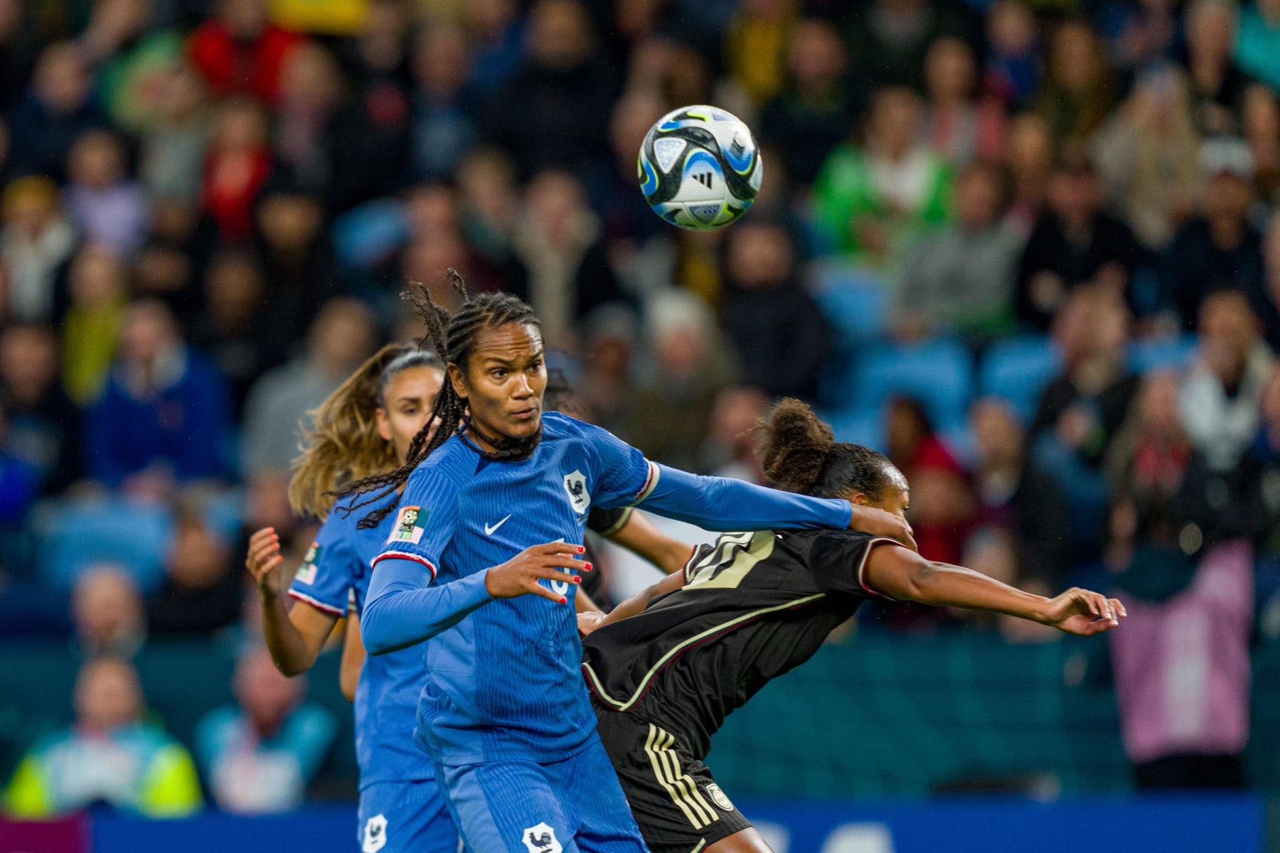 SYDNEY, AUSTRALIA - JULY 23: Wendie Renard (c) of France competes for the ball during the FIFA Women's World Cup Australia & New Zealand 2023 Group F match between France and Jamaica at Sydney Football Stadium on July 23, 2023 in Sydney, Australia. (Photo by Andy Cheung/Getty Images)