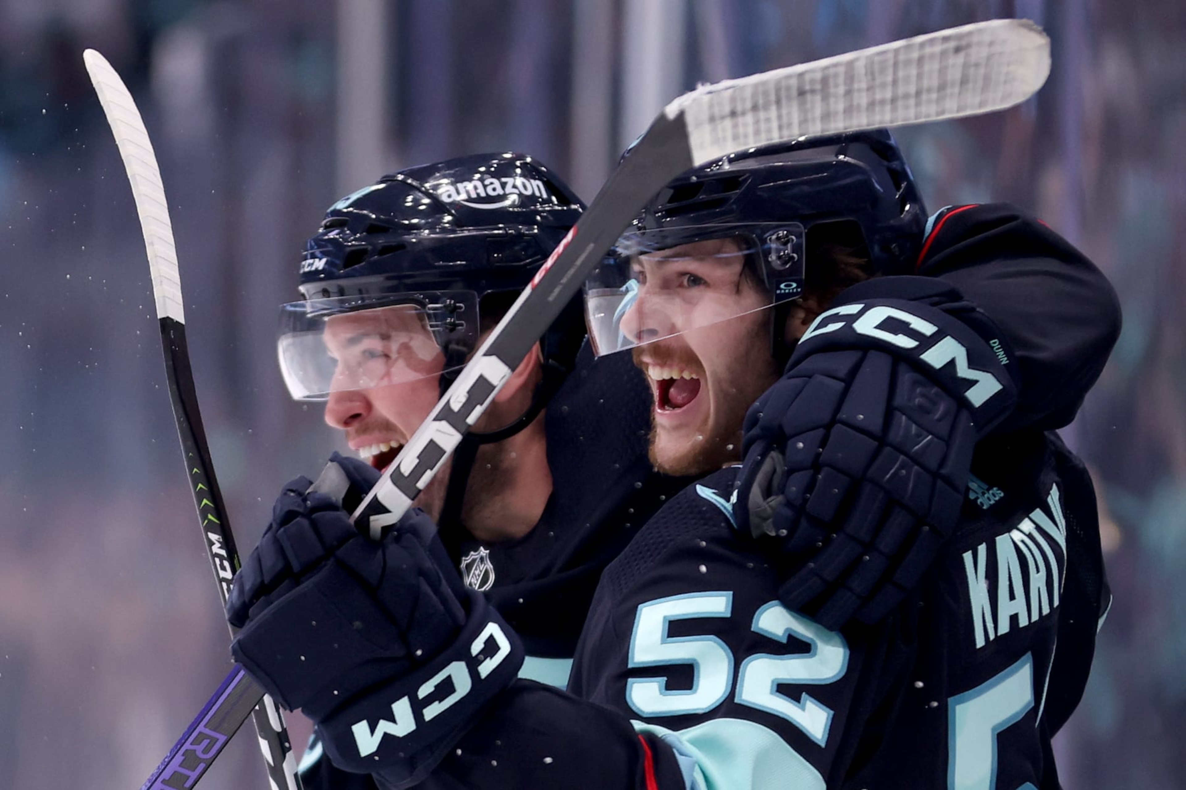 SEATTLE, WASHINGTON - MAY 13: Vince Dunn #29 and Tye Kartye #52 of the Seattle Kraken celebrate a goal by Kartye during the second period against the Dallas Stars in Game Six of the Second Round of the 2023 Stanley Cup Playoffs at Climate Pledge Arena on May 13, 2023 in Seattle, Washington. (Photo by Steph Chambers/Getty Images) SEATTLE, WASHINGTON - MAY 13: Vince Dunn #29 and Tye Kartye #52 of the Seattle Kraken celebrate a goal by Kartye during the second period against the Dallas Stars in Game Six of the Second Round of the 2023 Stanley Cup Playoffs at Climate Pledge Arena on May 13, 2023 in Seattle, Washington. (Photo by Steph Chambers/Getty Images)