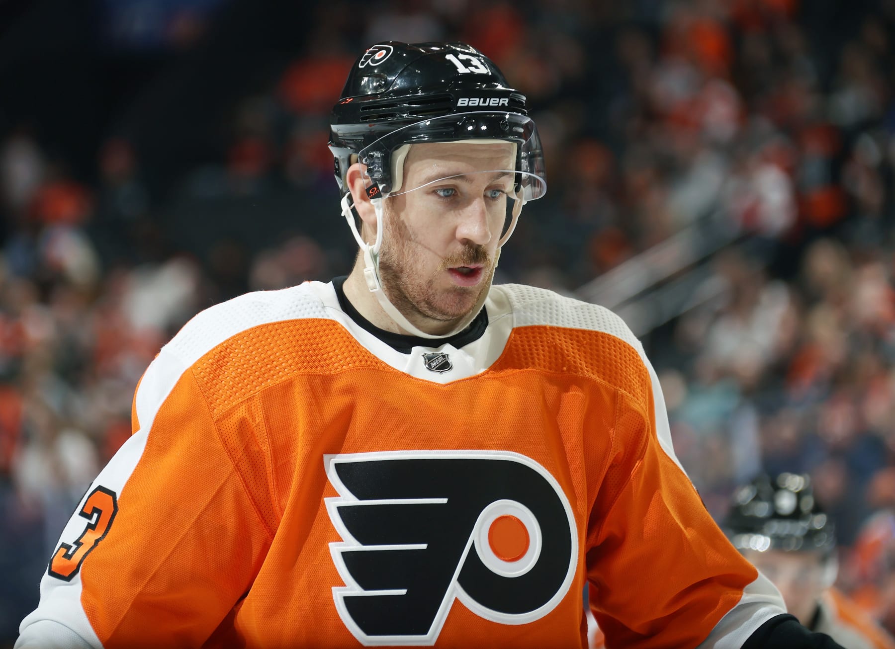 PHILADELPHIA, PENNSYLVANIA - APRIL 11:  Kevin Hayes #13 of the Philadelphia Flyers looks on prior to a face-off against the Columbus Blue Jackets at the Wells Fargo Center on April 11, 2023 in Philadelphia, Pennsylvania.  (Photo by Len Redkoles/NHLI via Getty Images)