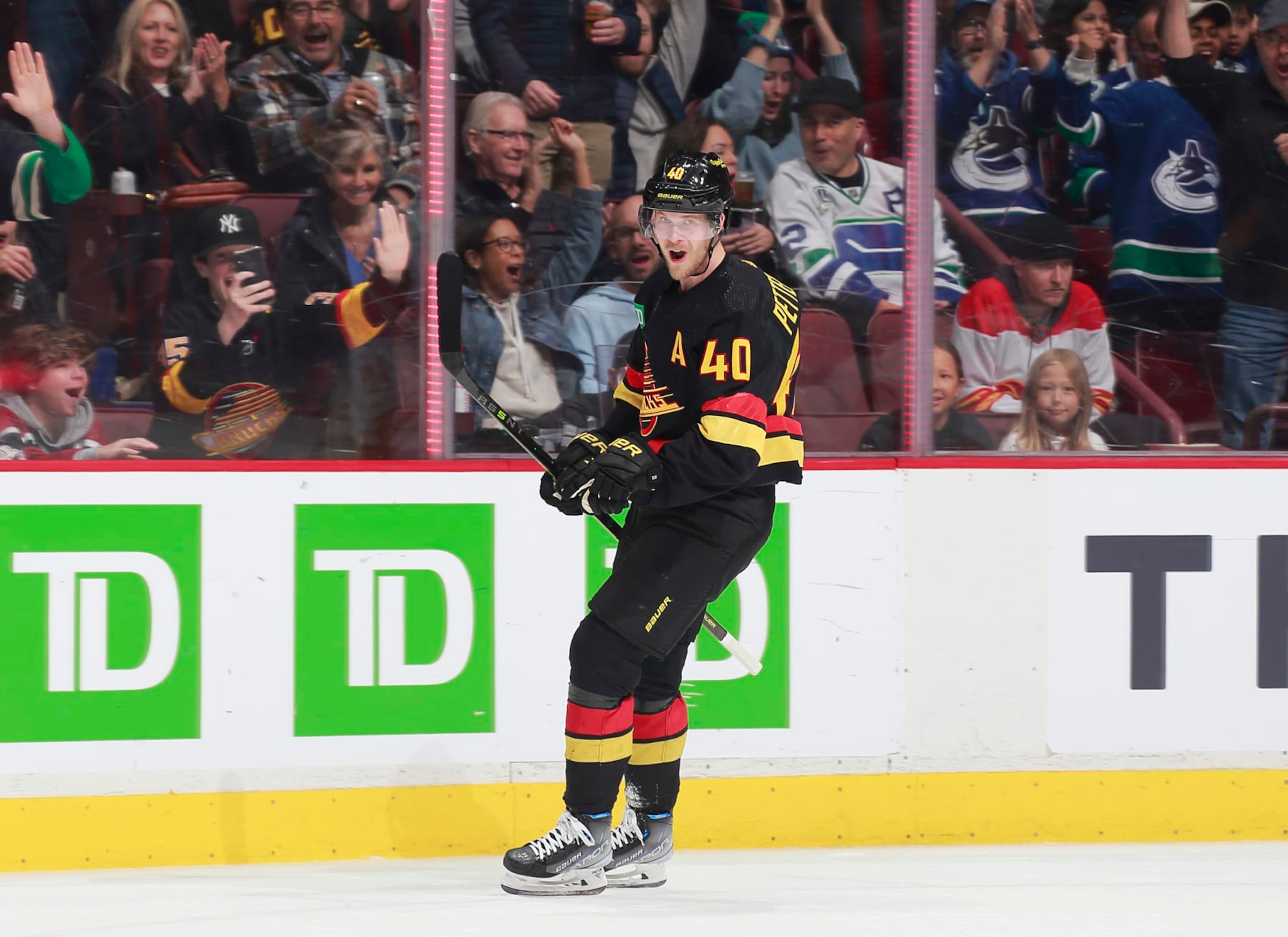 VANCOUVER, CANADA - APRIL 8: Elias Pettersson #40 of the Vancouver Canucks celebrates his goal during the first period of their NHL game against the Calgary Flames at Rogers Arena April 8, 2023 in Vancouver, British Columbia, Canada.  (Photo by Jeff Vinnick/NHLI via Getty Images)
