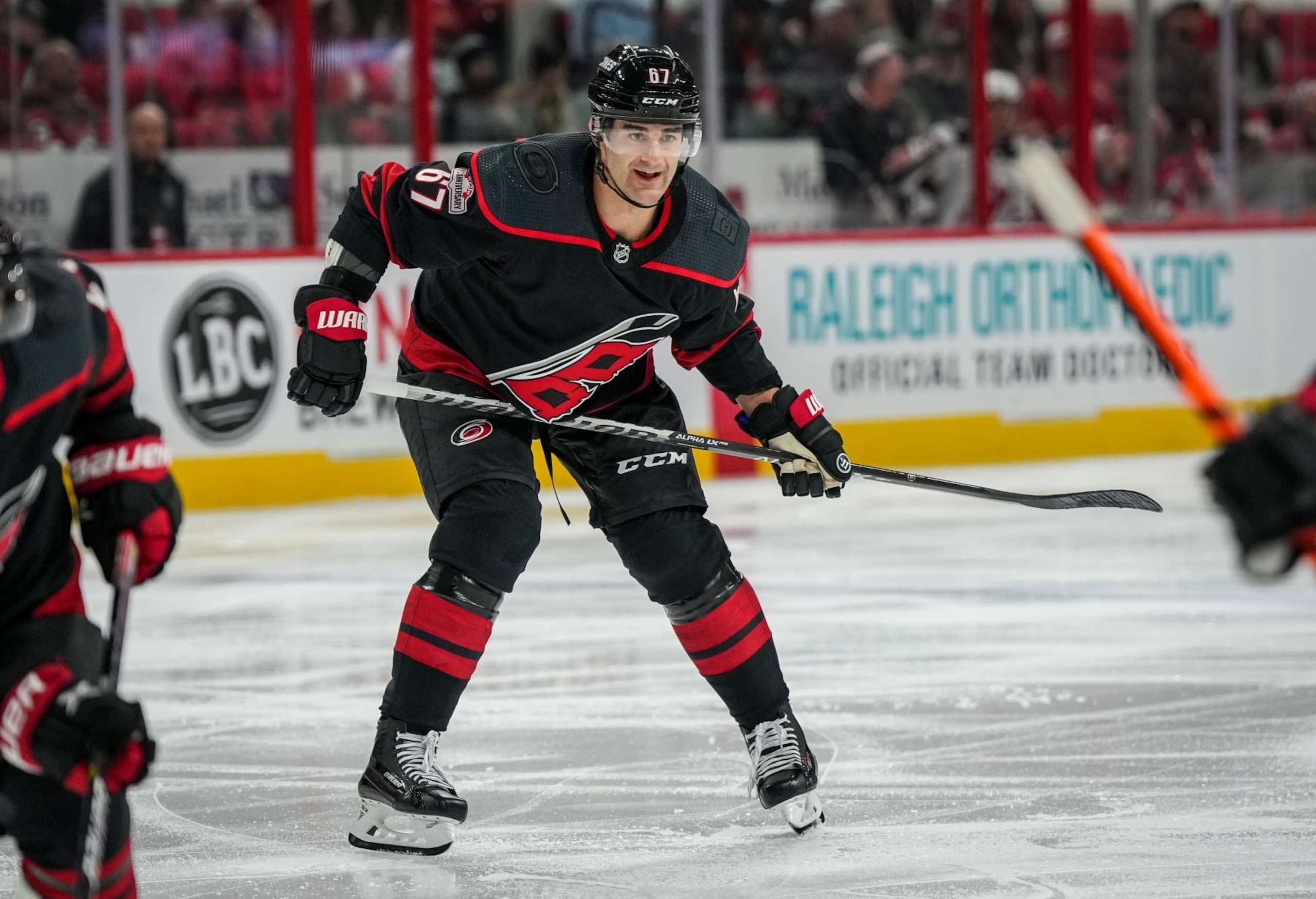 RALEIGH, NORTH CAROLINA - JANUARY 10: Max Pacioretty #67 of the Carolina Hurricanes skates during the second period against the New Jersey Devils at PNC Arena on January 10, 2023 in Raleigh, North Carolina. (Photo by Josh Lavallee/NHLI via Getty Images)
