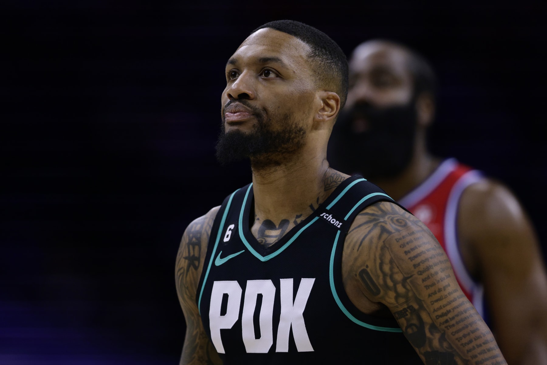 PHILADELPHIA, PA - MARCH 10: Damian Lillard #0 of the Portland Trail Blazers in action against James Harden #1 of the Philadelphia 76ers during a game at Wells Fargo Center on March 10, 2023 in Philadelphia, Pennsylvania. The 76ers defeated the Trail Blazers 120-119. NOTE TO USER: User expressly acknowledges and agrees that, by downloading and or using this photograph, User is consenting to the terms and conditions of the Getty Images License Agreement. (Photo by Rich Schultz/Getty Images)