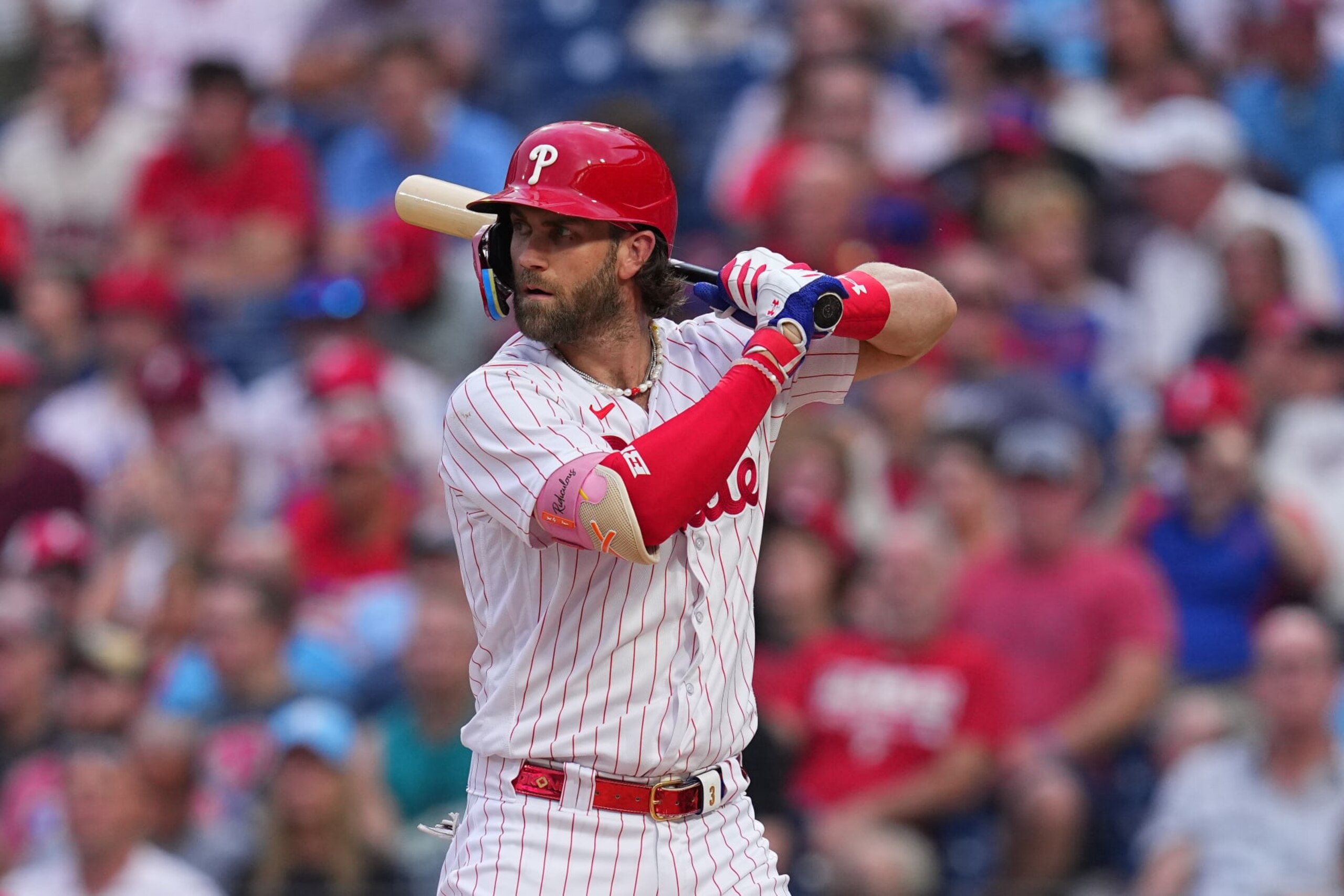 PHILADELPHIA, PENNSYLVANIA - JULY 19: Bryce Harper #3 of the Philadelphia Phillies bats against the Milwaukee Brewers at Citizens Bank Park on July 19, 2023 in Philadelphia, Pennsylvania. (Photo by Mitchell Leff/Getty Images)