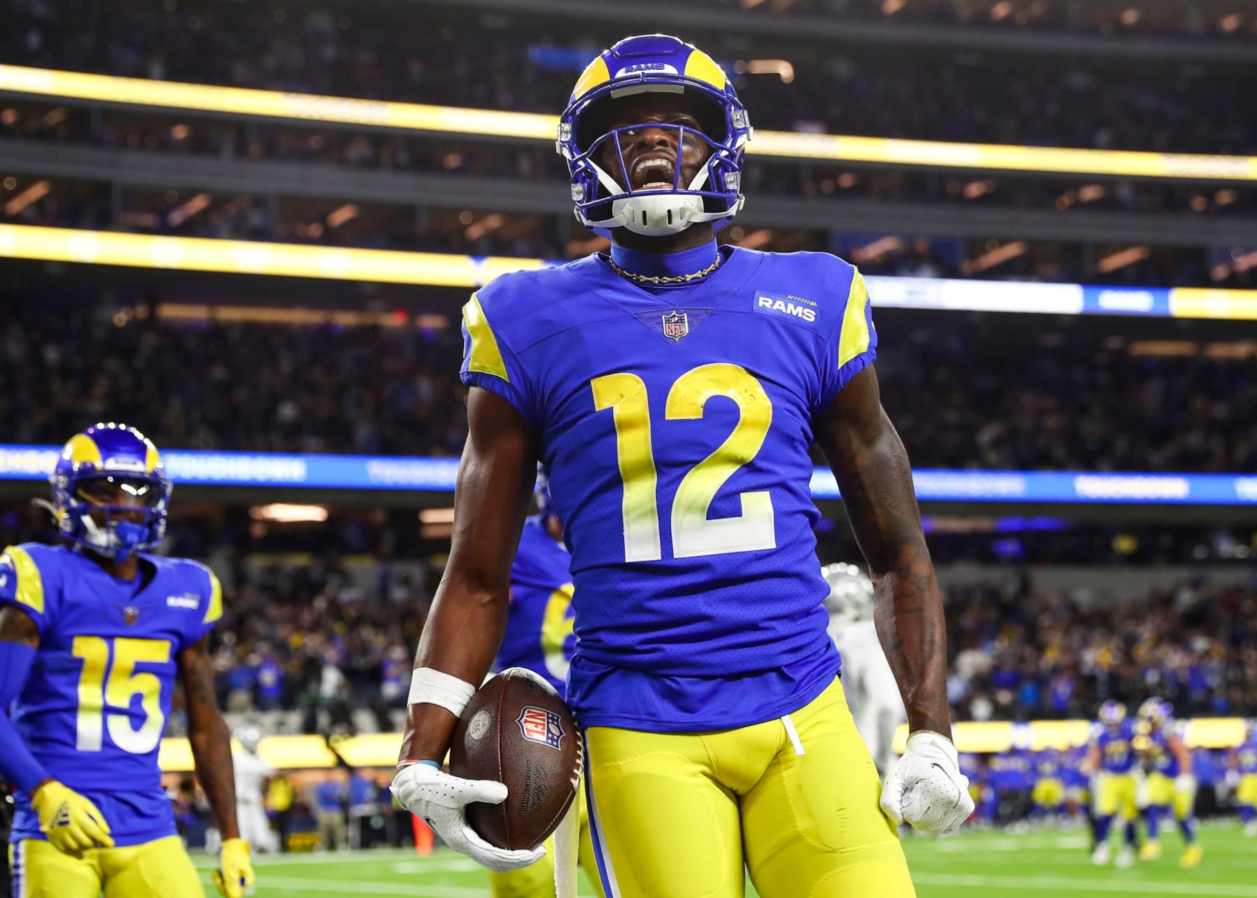 INGLEWOOD, CA - DECEMBER 8: Van Jefferson #12 of the Los Angeles Rams celebrates after scoring a touchdown during the fourth quarter of an NFL football game against the Las Vegas Raiders at SoFi Stadium on December 8, 2022 in Inglewood, California. (Photo by Kevin Sabitus/Getty Images)
