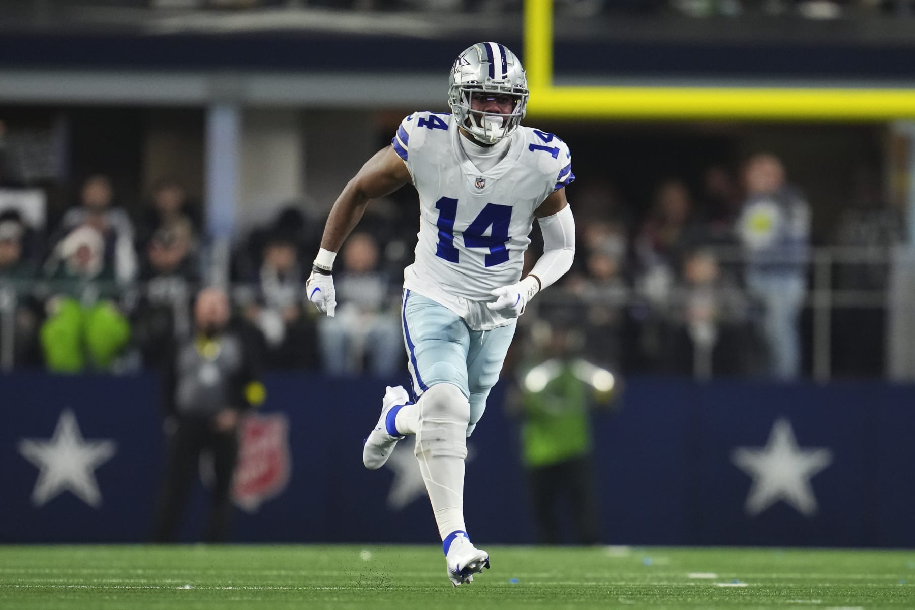 ARLINGTON, TX - DECEMBER 24: Jabril Cox #14 of the Dallas Cowboys defends against the Philadelphia Eagles at AT&T Stadium on December 24, 2022 in Arlington, Texas. (Photo by Cooper Neill/Getty Images)
